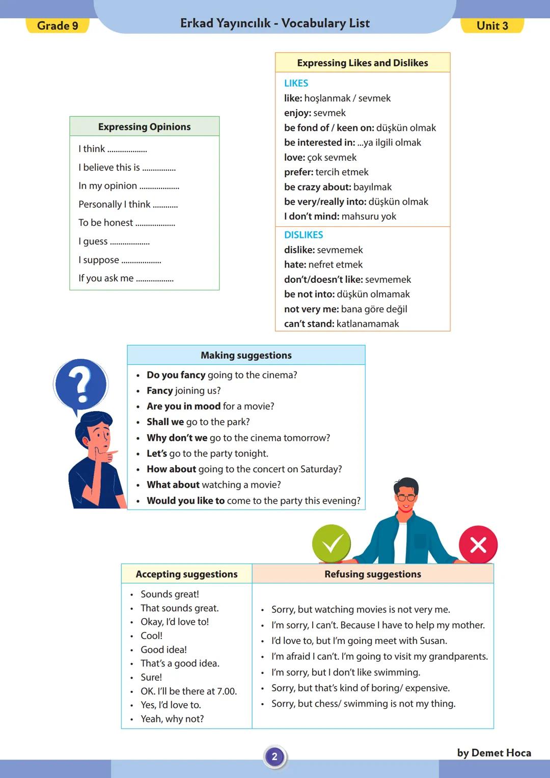 Grade 9
Erkad Yayıncılık - Vocabulary List
Type of Films
action: aksiyon
adventure: macera
animation: animasyon
cartoon: çizgi film
comedy: