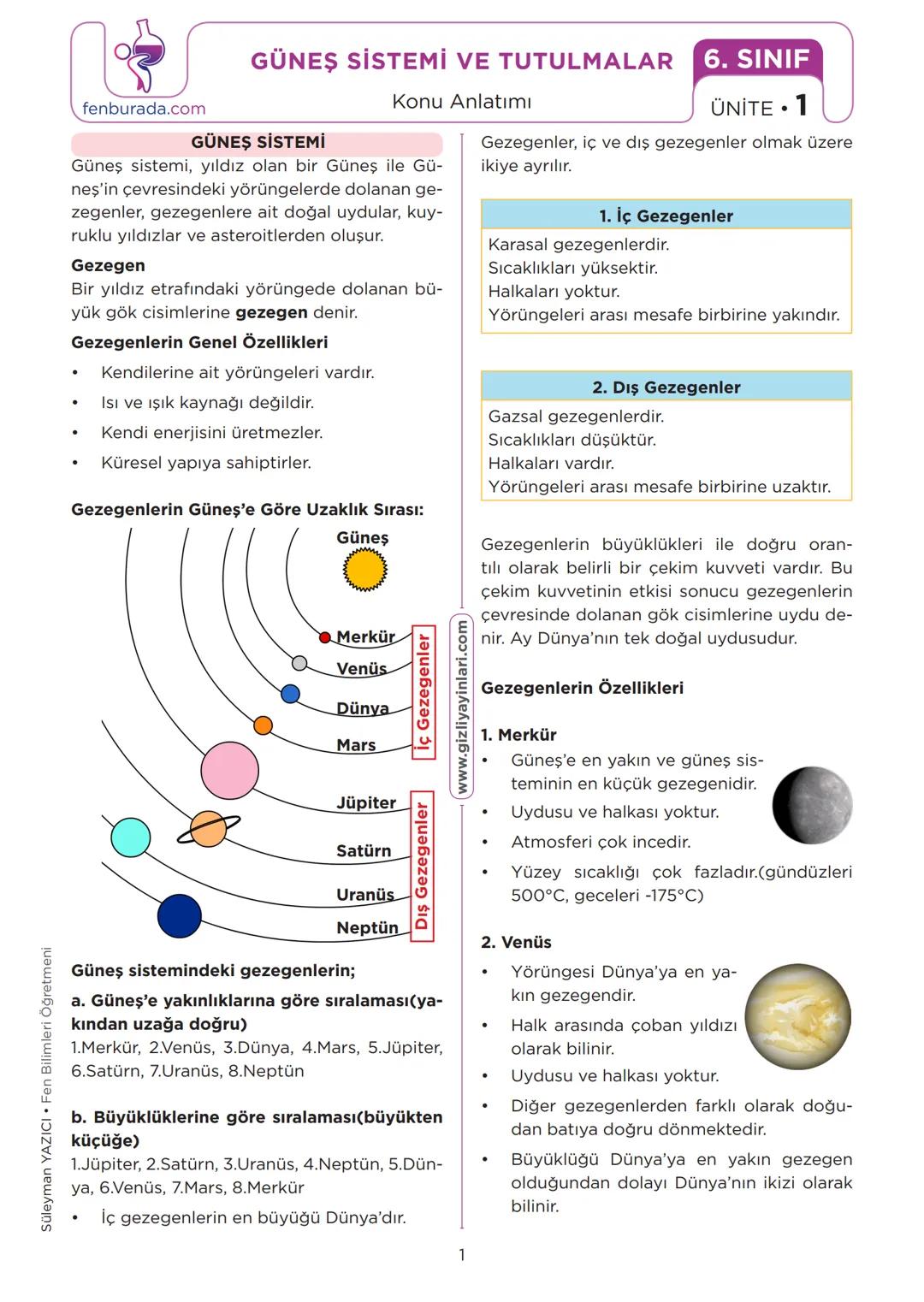 Süleyman YAZICI Fen Bilimleri Öğretmeni
fenburada.com
GÜNEŞ SİSTEMİ VE TUTULMALAR
GÜNEŞ SİSTEMİ
Konu Anlatımı
Güneş sistemi, yıldız olan bir