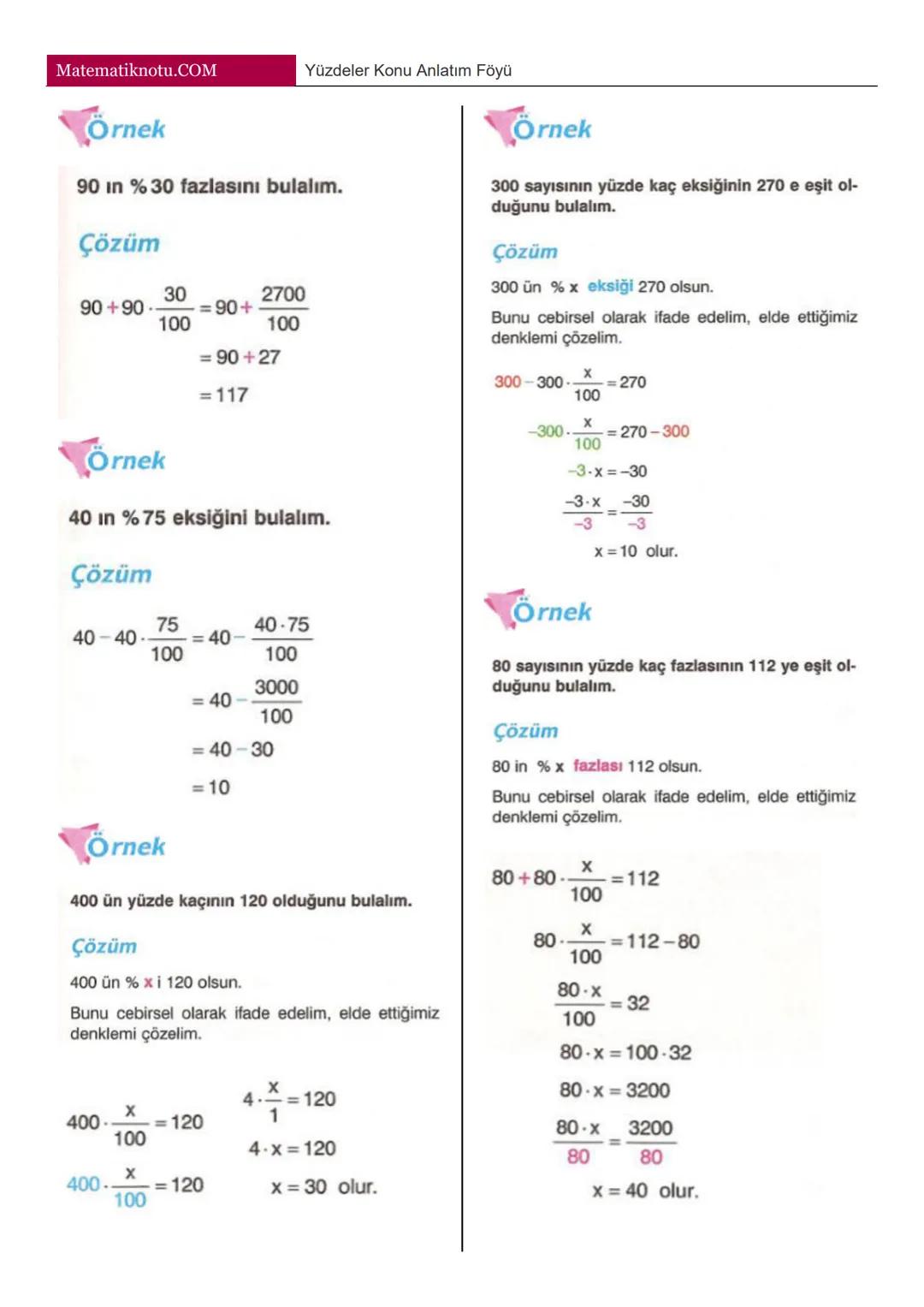 Matematiknotu.COM
Yüzdeler Konu Anlatım Föyü
Paydası 100 olan kesirleri % sembolü ile
gösterebiliriz.
ÖRNEK: Aşağıdaki kesirleri % sembolü i