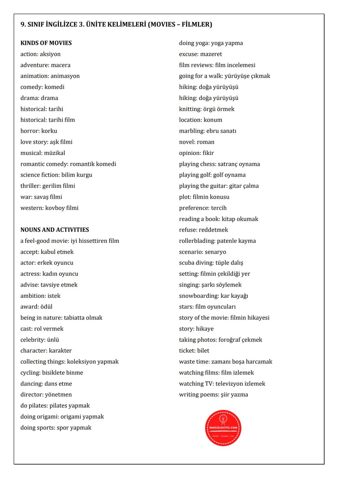 # 9. SINIF İNGİLİZCE 3. ÜNİTE KELİMELERİ (MOVIES - FİLMLER)
KINDS OF MOVIES
action: aksiyon
adventure: macera
animation: animasyon
come