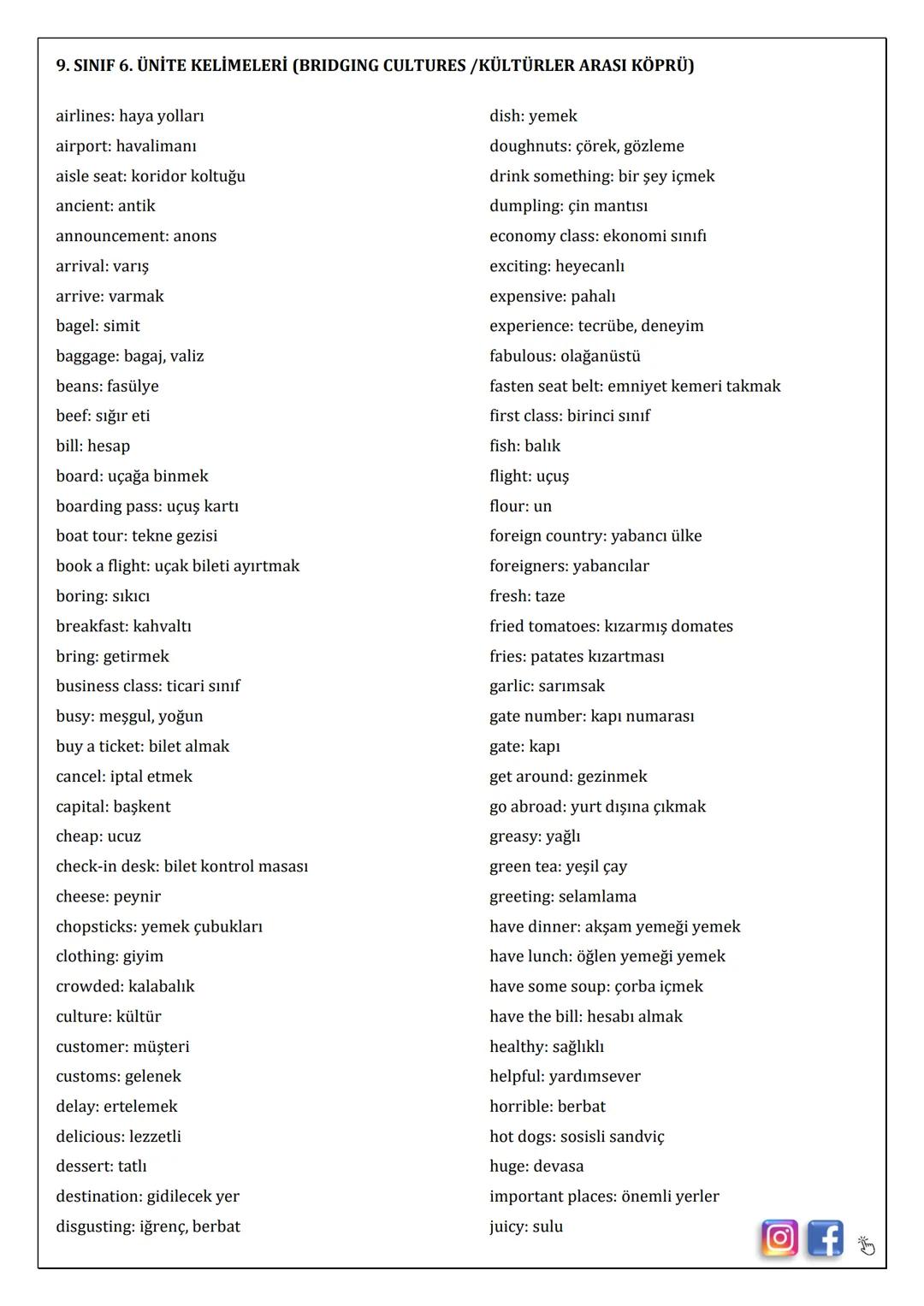 9. SINIF 6. ÜNİTE KELİMELERİ (BRIDGING CULTURES/KÜLTÜRLER ARASI KÖPRÜ)
airlines: haya yolları
airport: havalimanı
aisle seat: koridor koltuğ