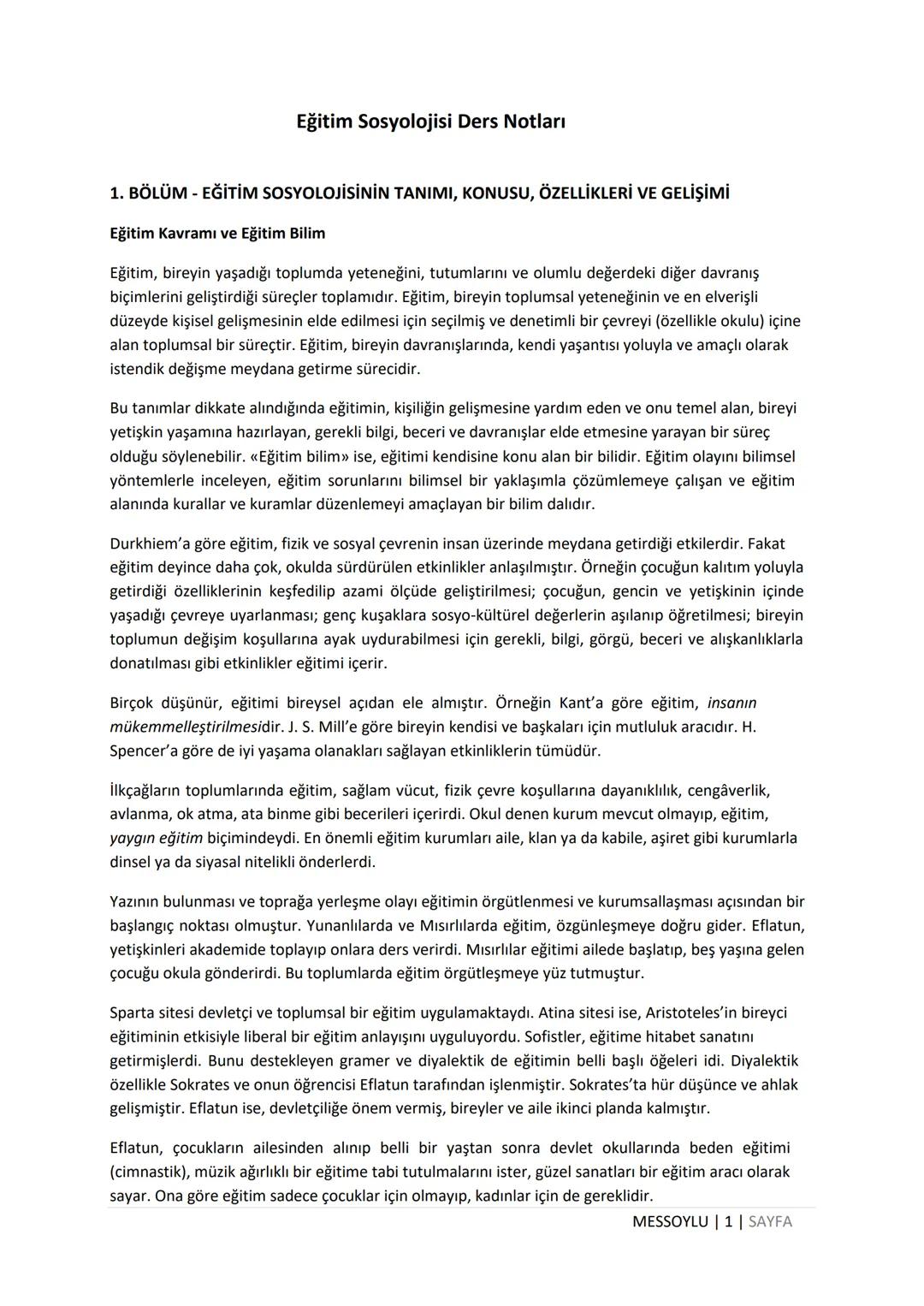 # EĞİTİM SOSYOLOJİSİ
DERS NOTU
MEHMET EMİN SOYLU
WWW.MEHMETEMINSOYLU.COM # Eğitim Sosyolojisi Ders Notları
1. BÖLÜM - EĞİTİM SOSYOLOJİSİN