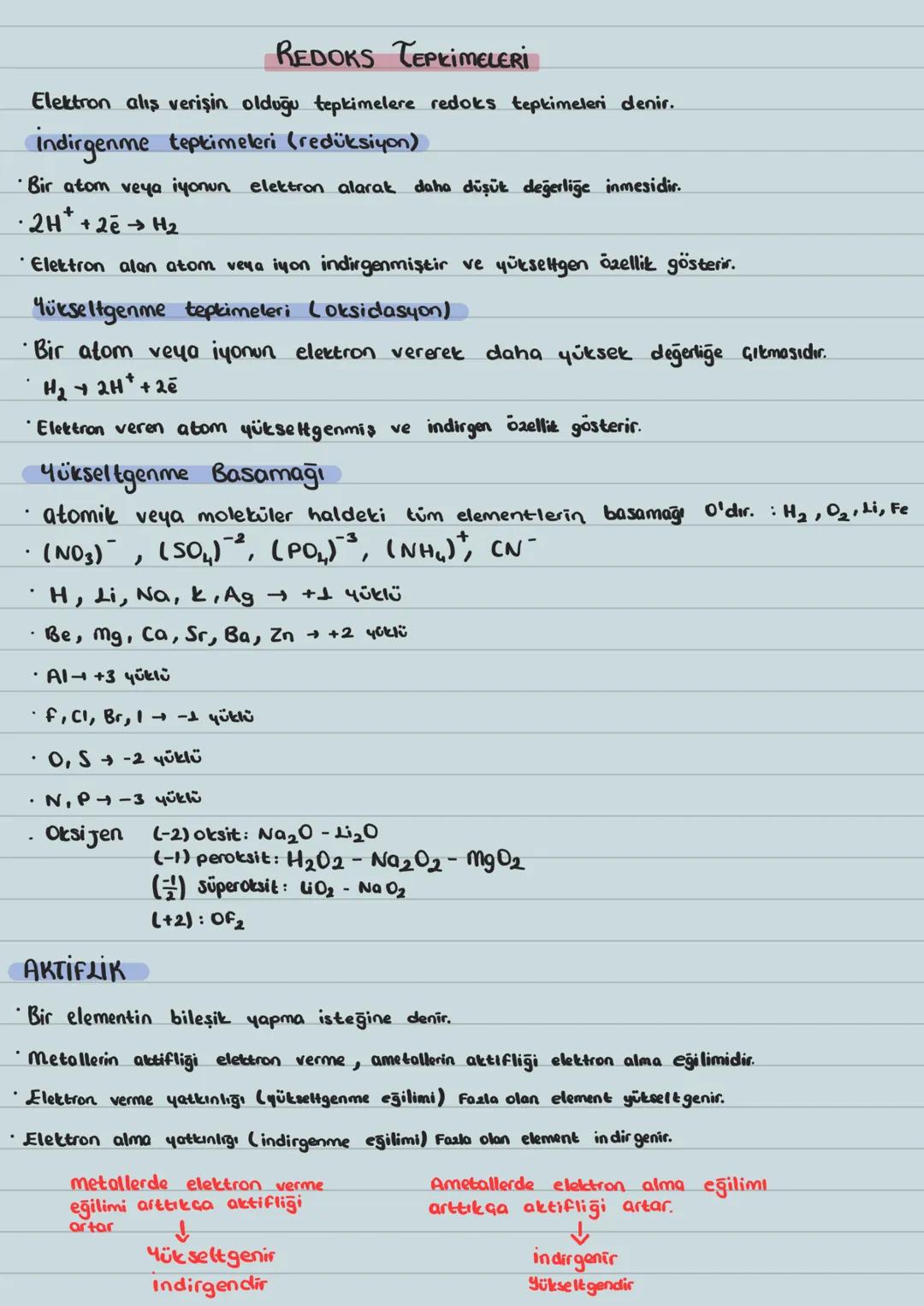 # REDOKS TEPKİMELERİ
Elektron alış verişin olduğu tepkimelere redoks tepkimeleri denir.
İndirgenme tepkimeleri (redüksiyon)
* Bir atom