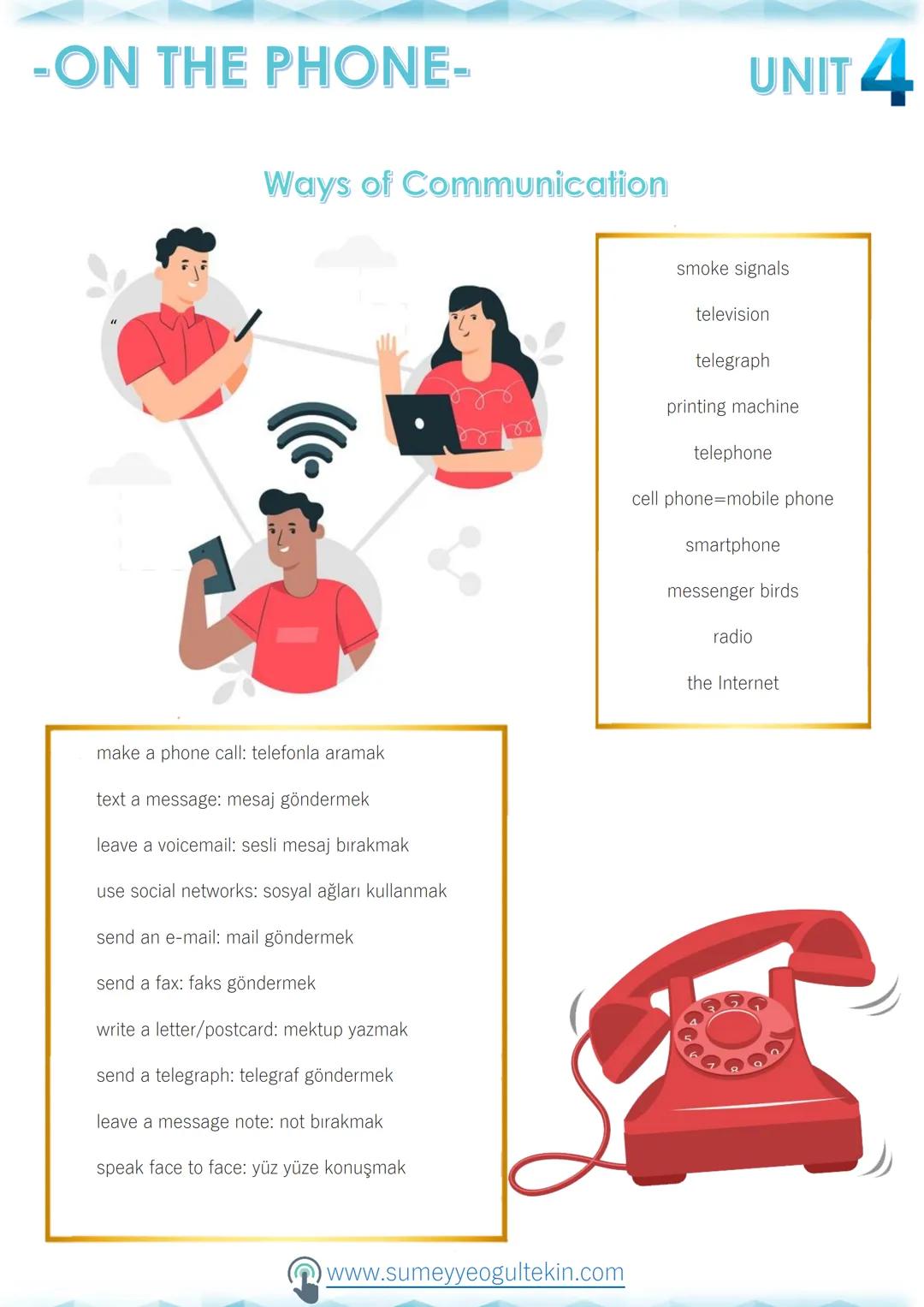 -ON THE PHONE-
Ways of Communication
make a phone call: telefonla aramak
text a message: mesaj göndermek
leave a voicemail: sesli mesaj