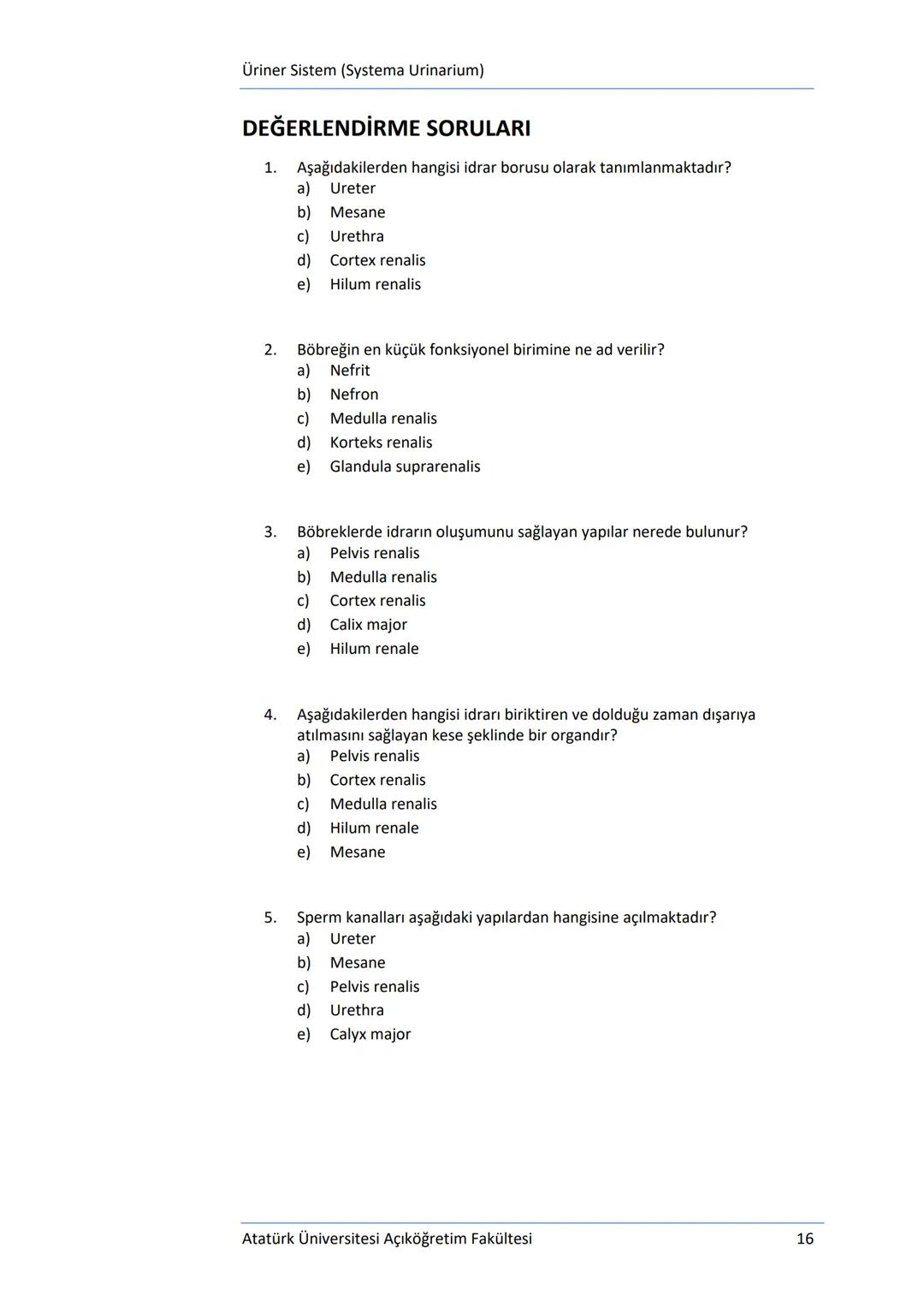 Üriner Sistem (Systema Urinarium)
DEĞERLENDİRME SORULARI
1.
Aşağıdakilerden hangisi idrar borusu olarak tanımlanmaktadır?
a) Ureter
b) Mesan