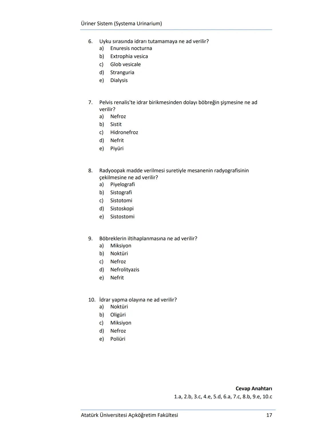 Üriner Sistem (Systema Urinarium)
DEĞERLENDİRME SORULARI
1.
Aşağıdakilerden hangisi idrar borusu olarak tanımlanmaktadır?
a) Ureter
b) Mesan