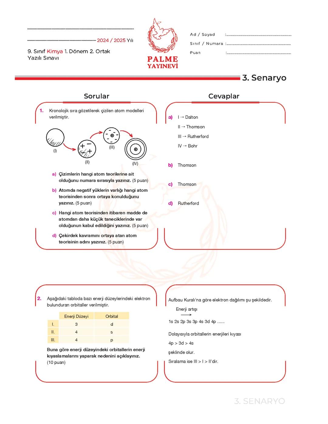 Kimya yazili örnek sorular