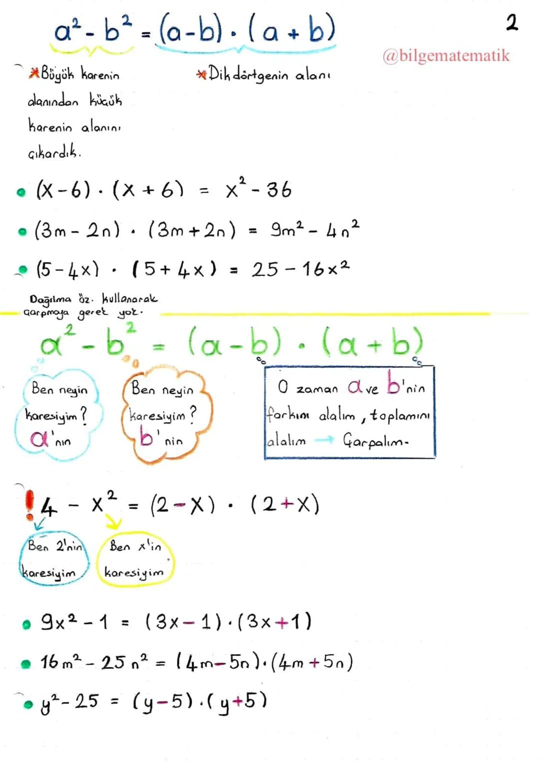 # İki Kare Farkı Özdeşliği
1
α
a-b
@bilgematematik
b
*Bir kenar uzunluğu a olan bir
b
kare çizelim,
a-b
*Bir kenar uzunluğu b olan