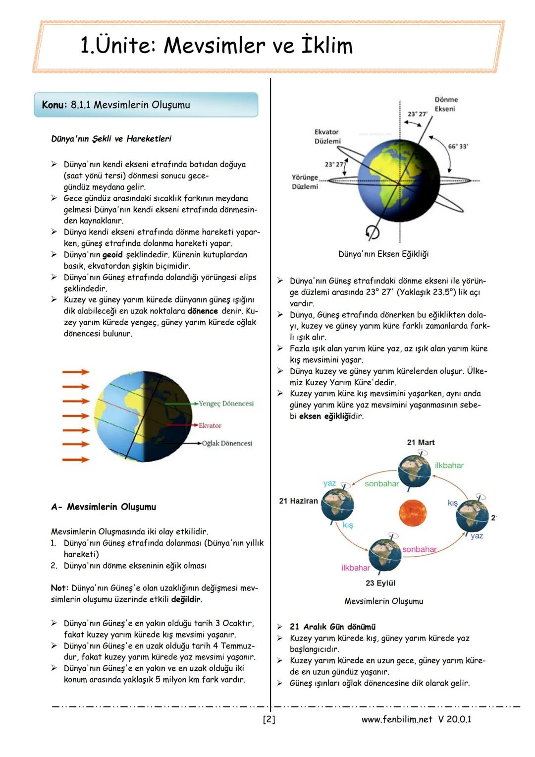 # 8.SINIF FEN DERS NOTLARIM
POYRAZ ULU
ÖĞRENCI
www.fenbilim.net V 20.0.1 # 1.Ünite: Mevsimler ve İklim
Konu: 8.1.1 Mevsimlerin Oluşumu
D