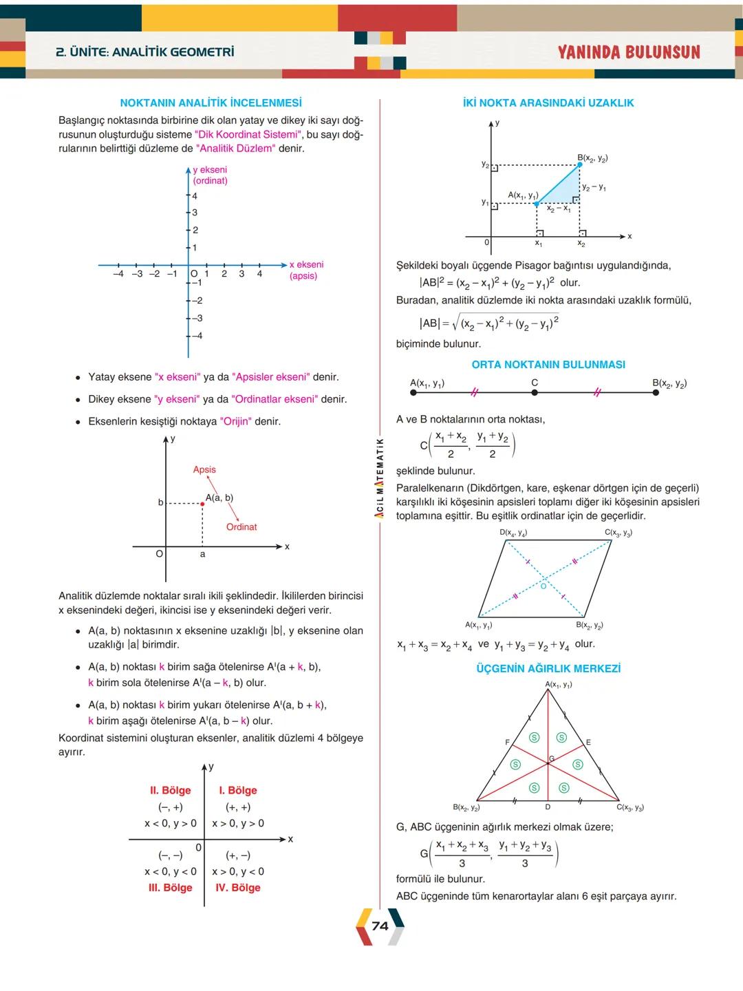 -
ÜNİTE 2-
ANALİTİK GEOMETRİ
.
•
•
.
Analitik Düzlem
İki Nokta Arasındaki Uzaklık
Bir Doğru Parçasını içten ve Dıştan Bölme
Doğrunun Eğimi v