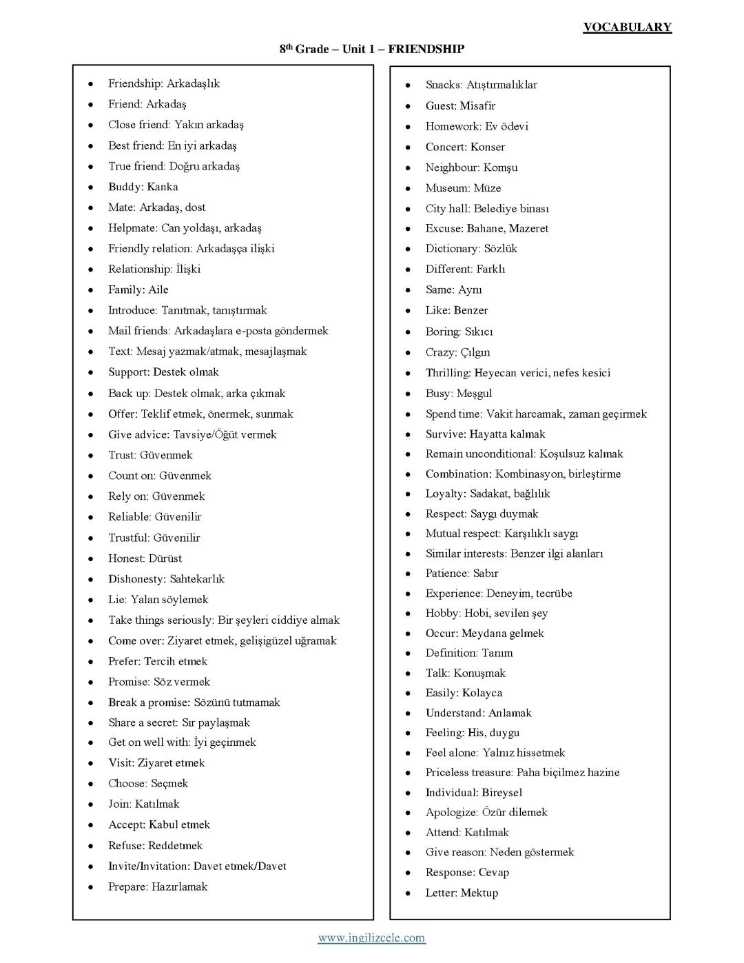 8.sınıf ingilizce 1.ünite kelimeleri