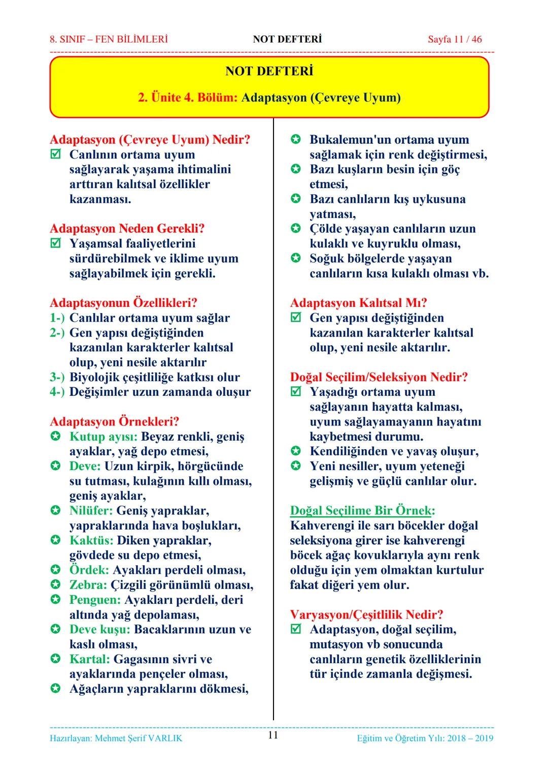 8. SINIF-FEN BİLİMLERİ
NOT DEFTERİ
Sayfa 1/46
NOT DEFTERİ
8. SINIF FEN BİLİMLERİ
İçindekiler
1. ÜNİTE
Mevsimler ve İklim
1. Bölüm.
Mevsim