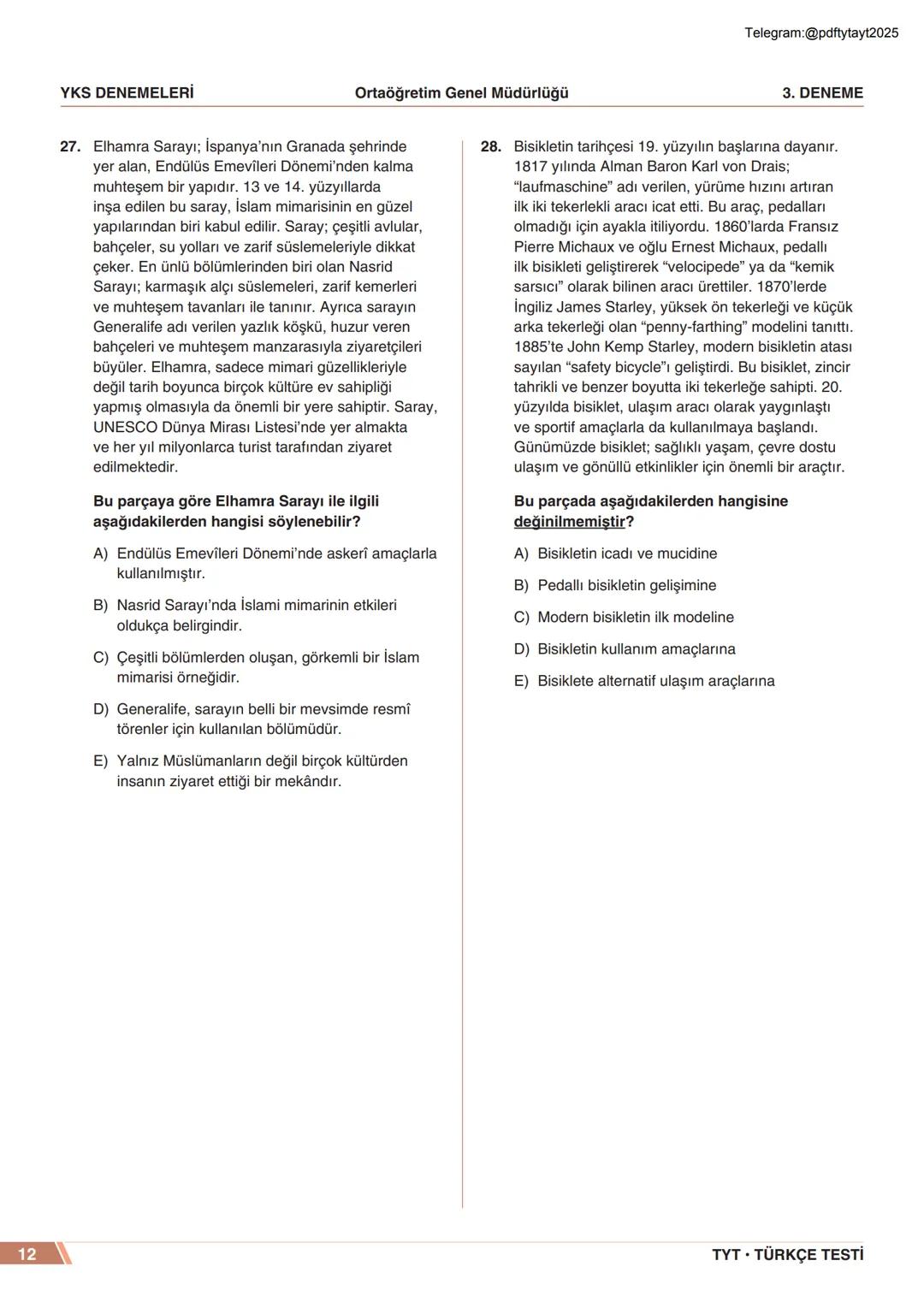 ****
RIYETİ MİLLİ EGIP
ORTAÖĞRETİM
GENEL MÜDÜRLÜĞÜ
*
>>>>>>>>>>>>>>>>>
>>>>>>>>>>>>>>>>
Telegram:@pdftytayt2025
MEBİ
YKS DENEMELERİ
TYT
3. D