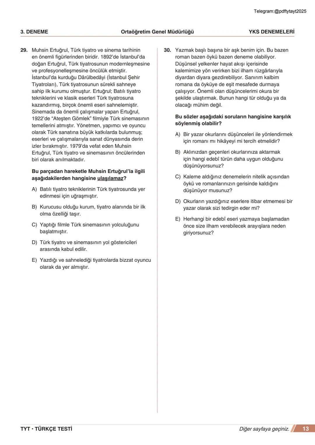 ****
RIYETİ MİLLİ EGIP
ORTAÖĞRETİM
GENEL MÜDÜRLÜĞÜ
*
>>>>>>>>>>>>>>>>>
>>>>>>>>>>>>>>>>
Telegram:@pdftytayt2025
MEBİ
YKS DENEMELERİ
TYT
3. D