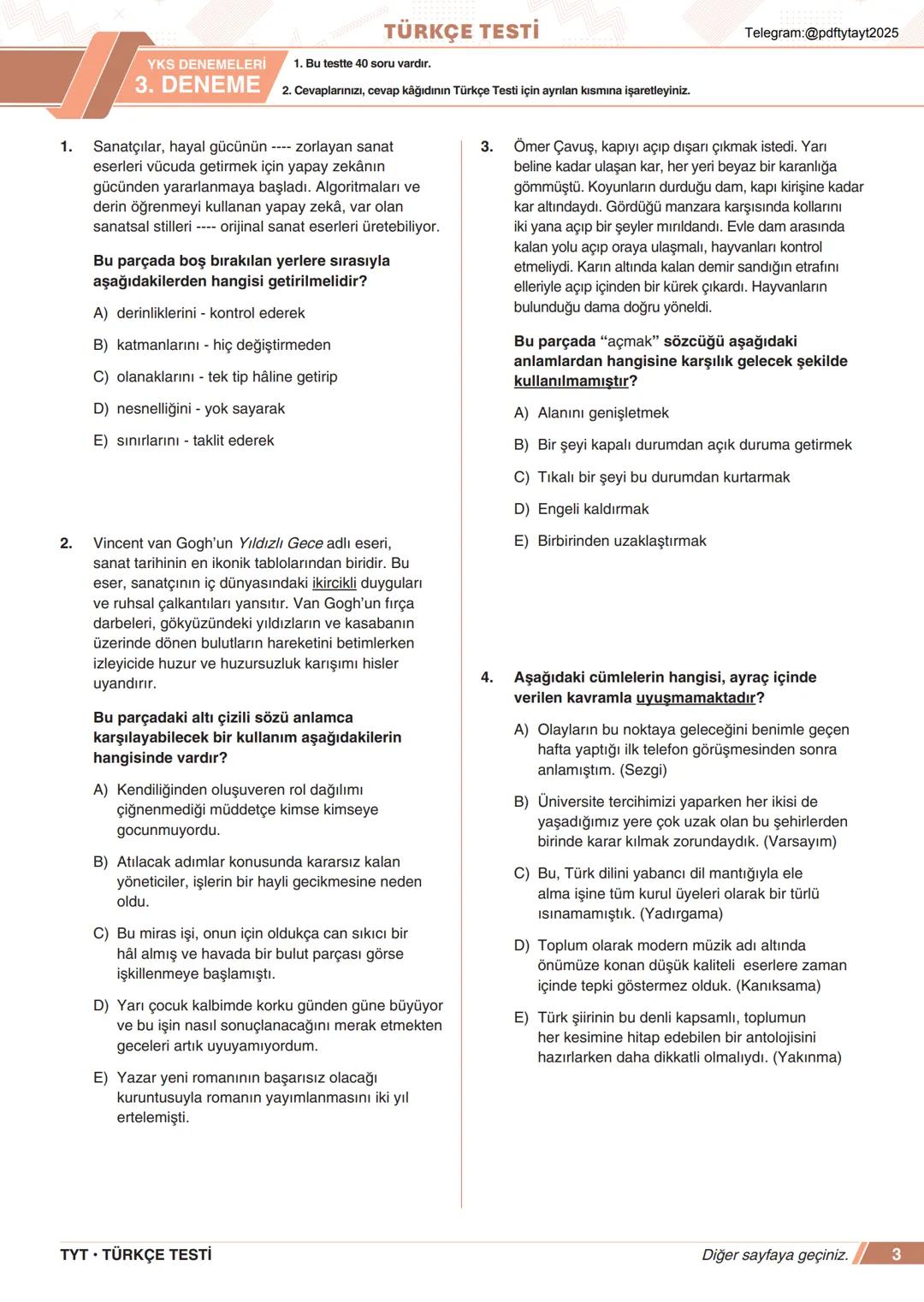 ****
RIYETİ MİLLİ EGIP
ORTAÖĞRETİM
GENEL MÜDÜRLÜĞÜ
*
>>>>>>>>>>>>>>>>>
>>>>>>>>>>>>>>>>
Telegram:@pdftytayt2025
MEBİ
YKS DENEMELERİ
TYT
3. D