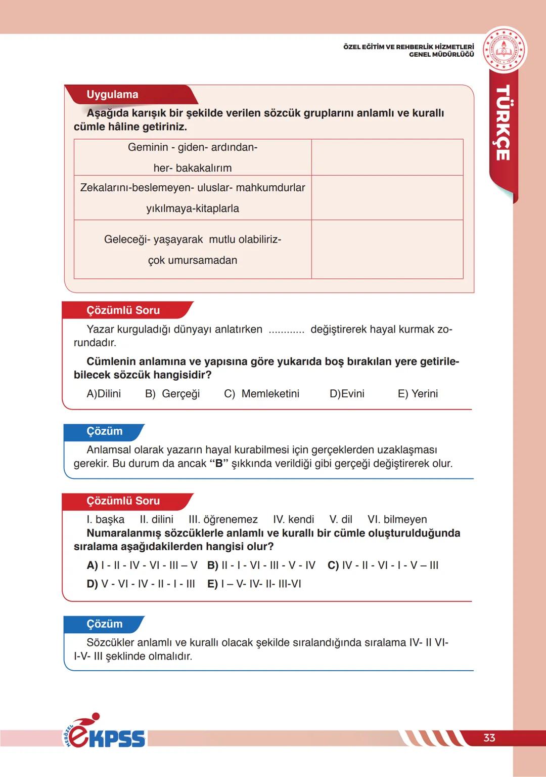# CÜMLEDE ANLAM
ÖZEL EĞİTİM VE REHBERLİK HİZMETLERİ
GENEL MÜDÜRLÜĞÜ
**TÜRKÇE**
## CÜMLEDE ANLAM
Bir duyguyu, düşünceyi, isteği, haberi,