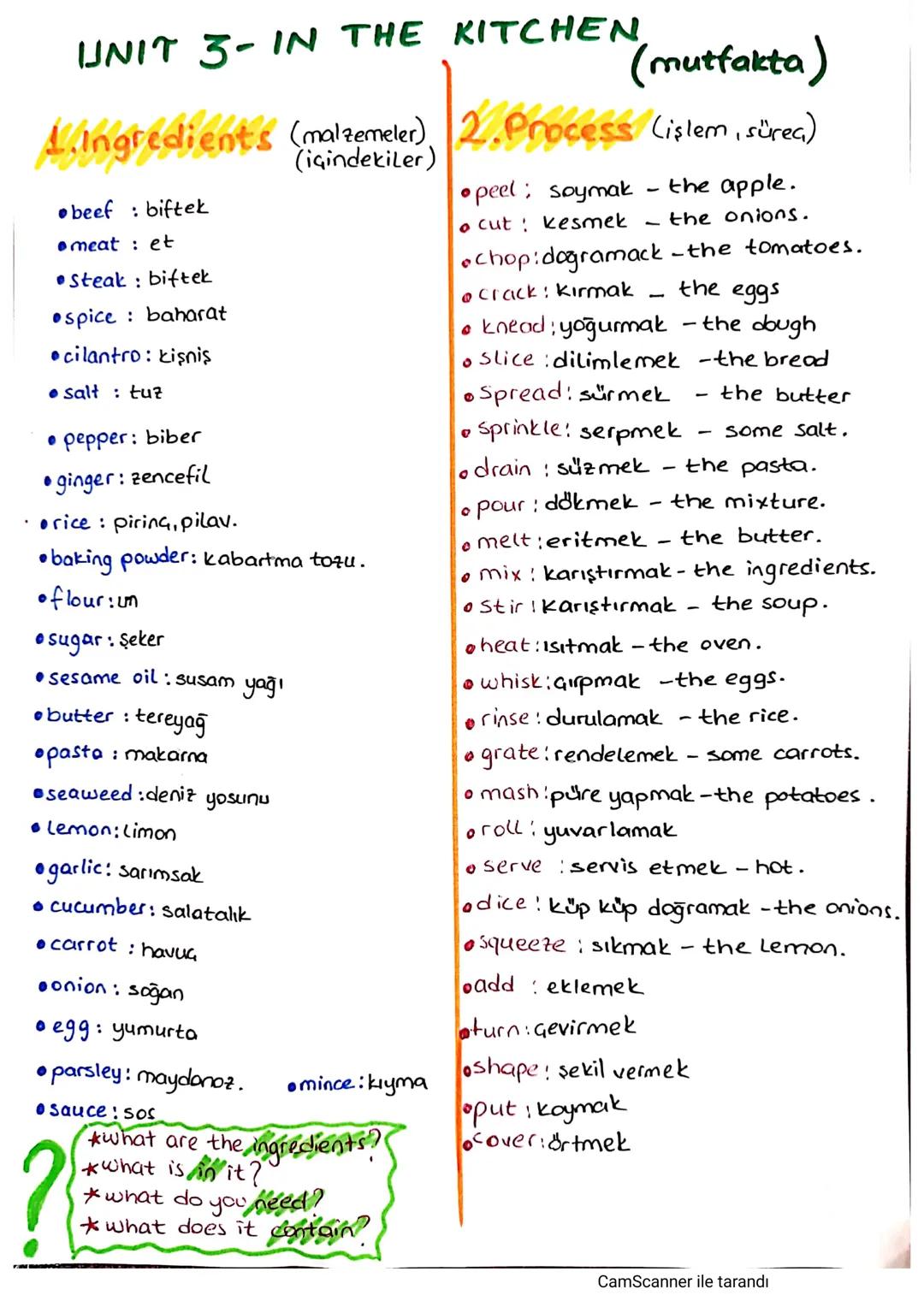 UNIT 3-IN THE KITCHEN.
(mutfakta)
4.Ingredient's (malzemeler) 2. Process (işlem, sürec)
beef biftek
meat et
•Steak: biftek
spice baharat
•ci