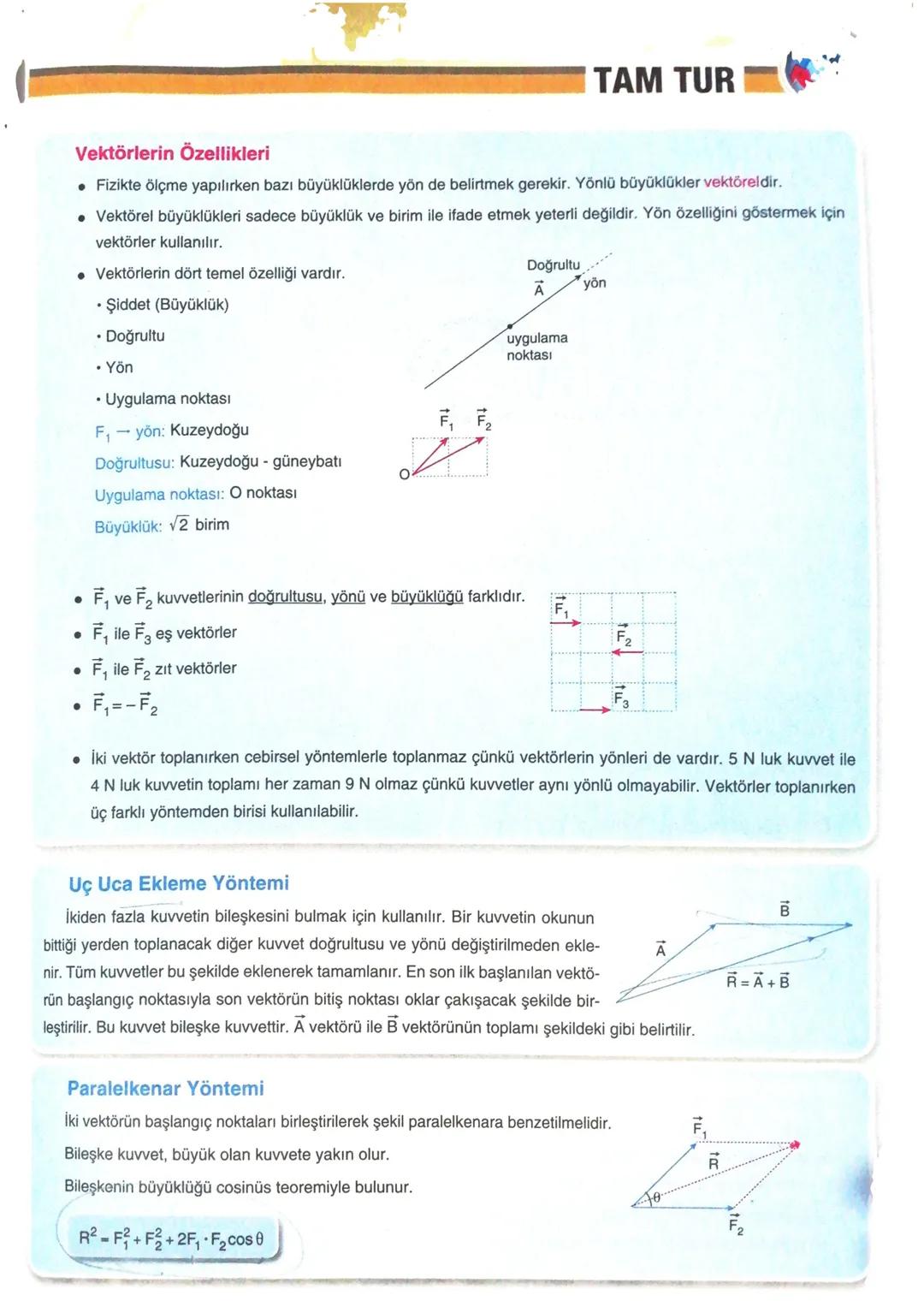 TAM TUR
Vektörlerin Özellikleri
⚫ Fizikte ölçme yapılırken bazı büyüklüklerde yön de belirtmek gerekir. Yönlü büyüklükler vektöreldir.
⚫ Vek