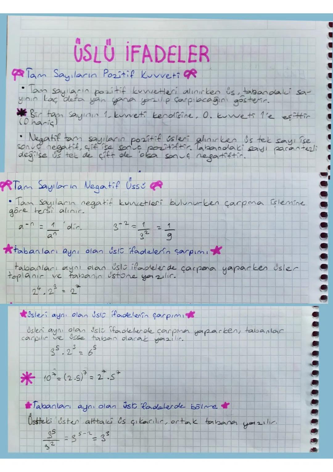 # ÜSLÜ İFADELER
Tam Sayıların Pozitif Kuvveti R
* Tam sayıların pozitif kuvvetleri alınırken üs, tabandaki sa-
yının kaç defa yan yana yo