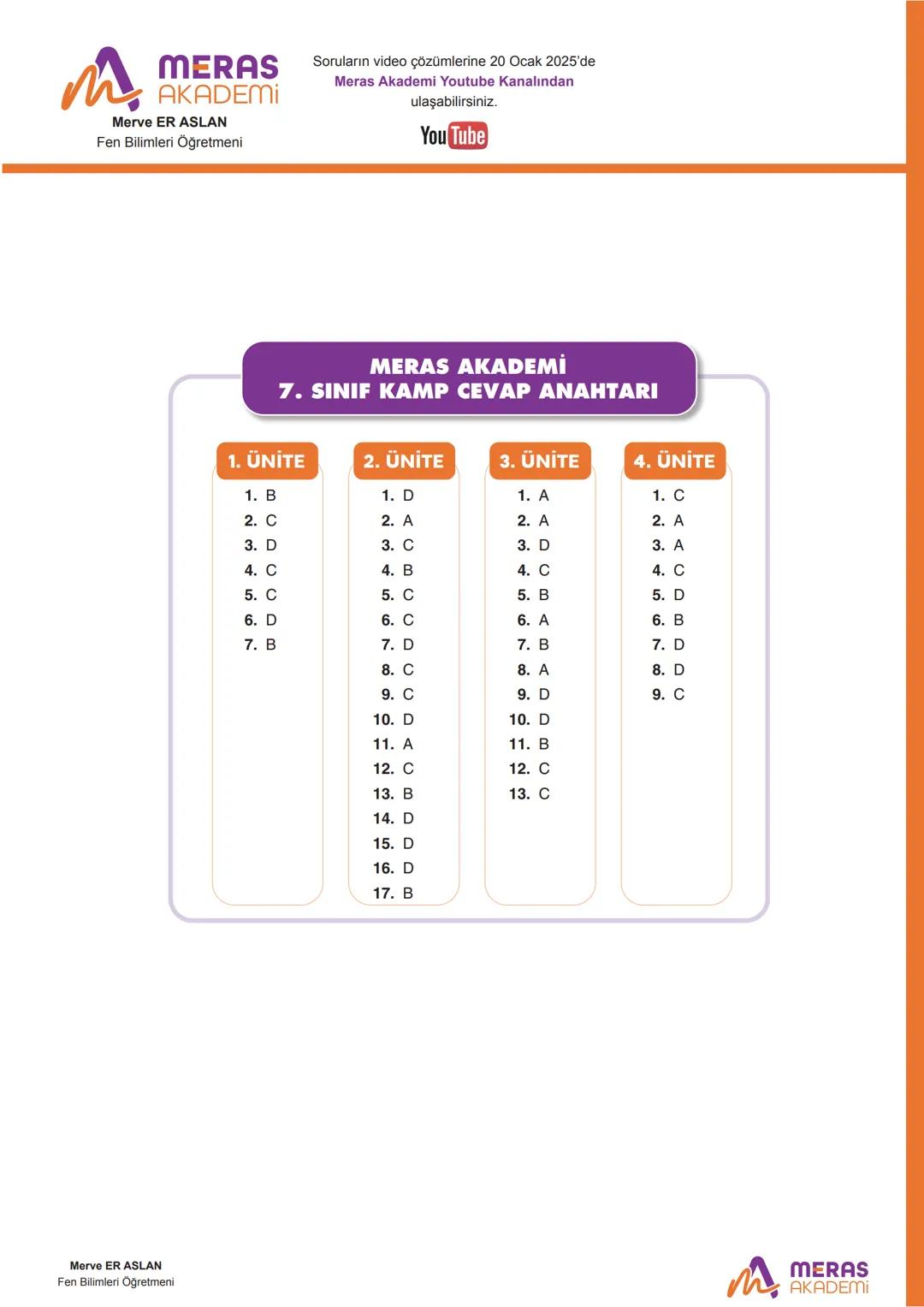 7. SINIF
1. ÜNİTE
Soruların video çözümlerine 20 Ocak 2025'de
Meras Akademi Youtube Kanalından
ulaşabilirsiniz.
1. Teleskop; uzaktaki bir ci