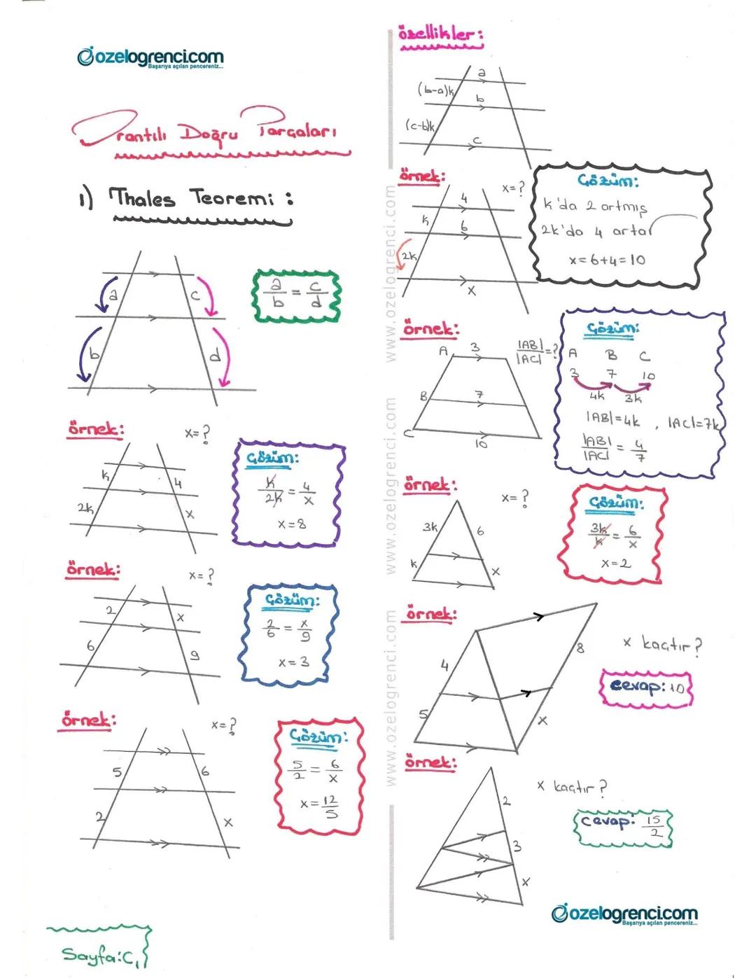 @ozelogrencicom
Özellikler:
(b-a)k
(c-blk
rantılı Doğru Tarçaları
1) Thales Teoremi :
$
\frac{a}{b} = \frac{c}{d}
$
Örnek:
x= ?
Örn