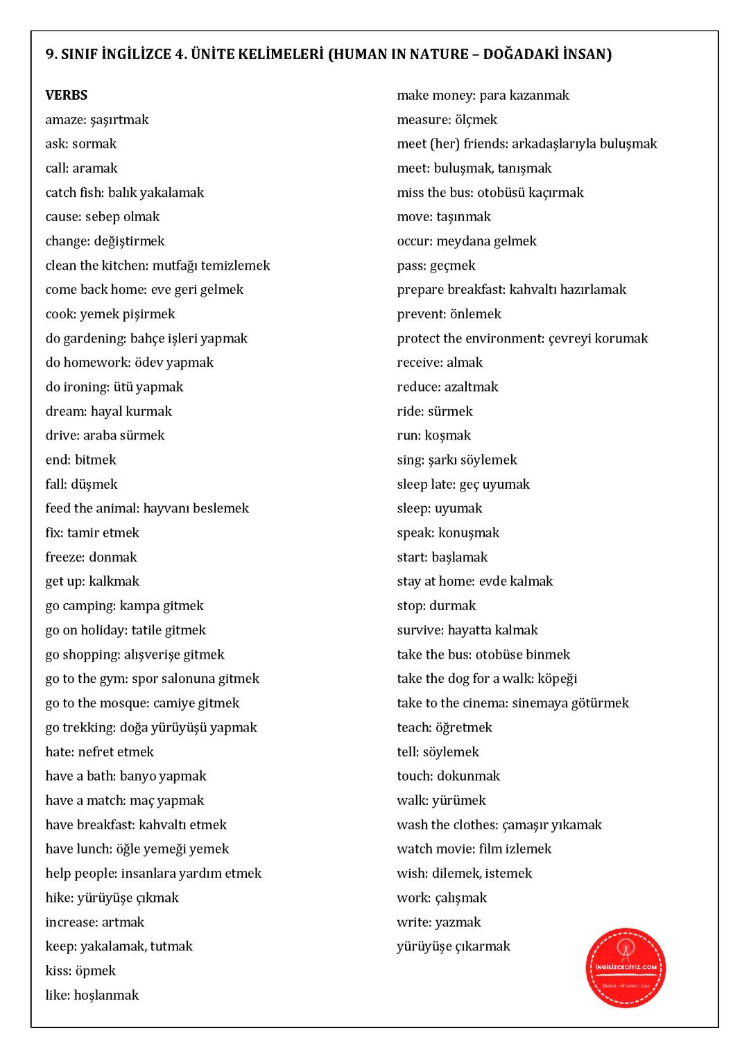 İngilizce 9.sınıf 4ünite kelimeleri