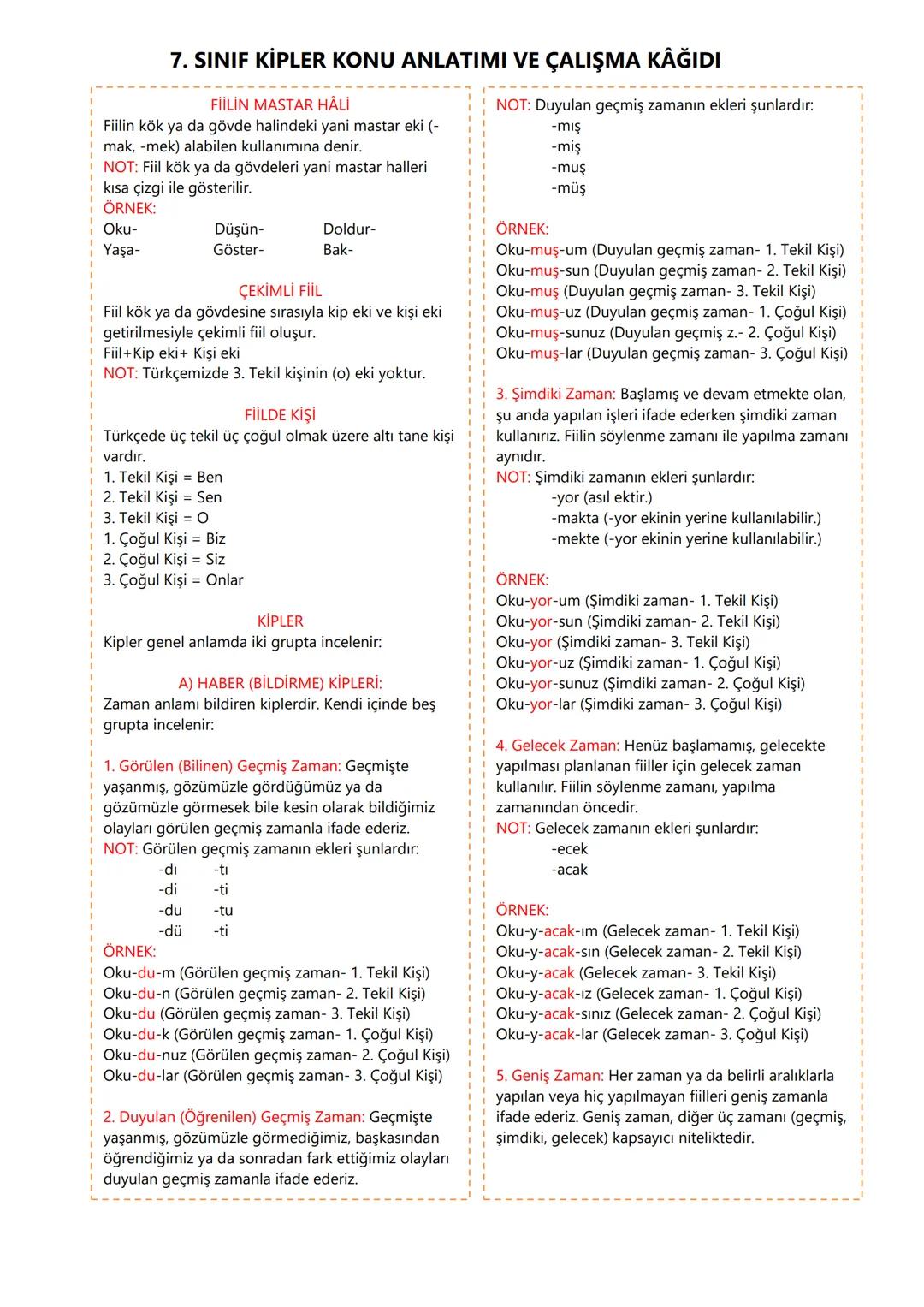 # 7. SINIF KİPLER KONU ANLATIMI VE ÇALIŞMA KAĞIDI
FİİLİN MASTAR HALİ
Fiilin kök ya da gövde halindeki yani mastar eki (-
mak, -mek) alabile