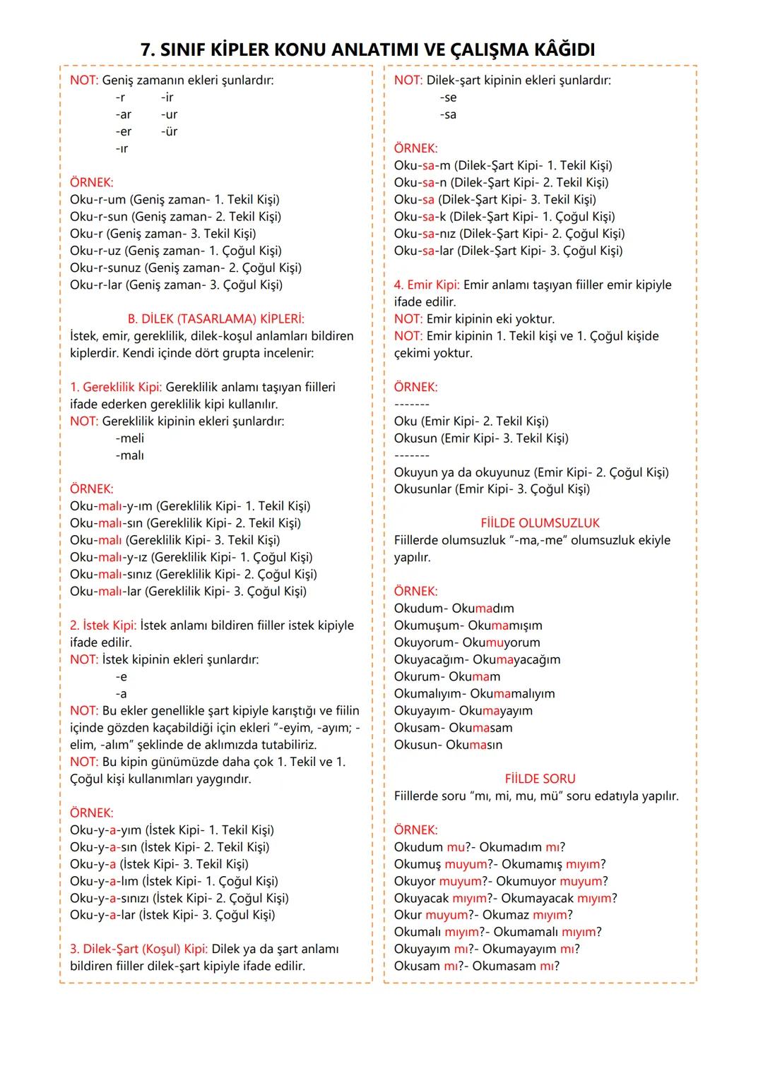 # 7. SINIF KİPLER KONU ANLATIMI VE ÇALIŞMA KAĞIDI
FİİLİN MASTAR HALİ
Fiilin kök ya da gövde halindeki yani mastar eki (-
mak, -mek) alabile