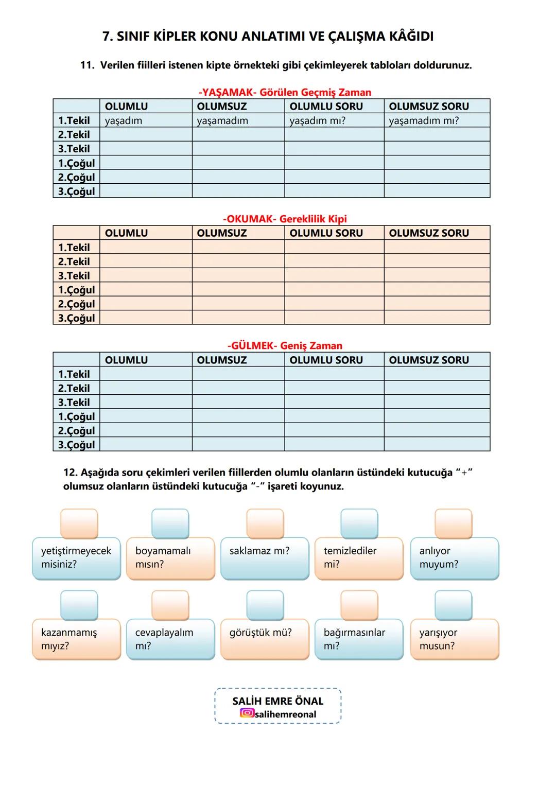 # 7. SINIF KİPLER KONU ANLATIMI VE ÇALIŞMA KAĞIDI
FİİLİN MASTAR HALİ
Fiilin kök ya da gövde halindeki yani mastar eki (-
mak, -mek) alabile