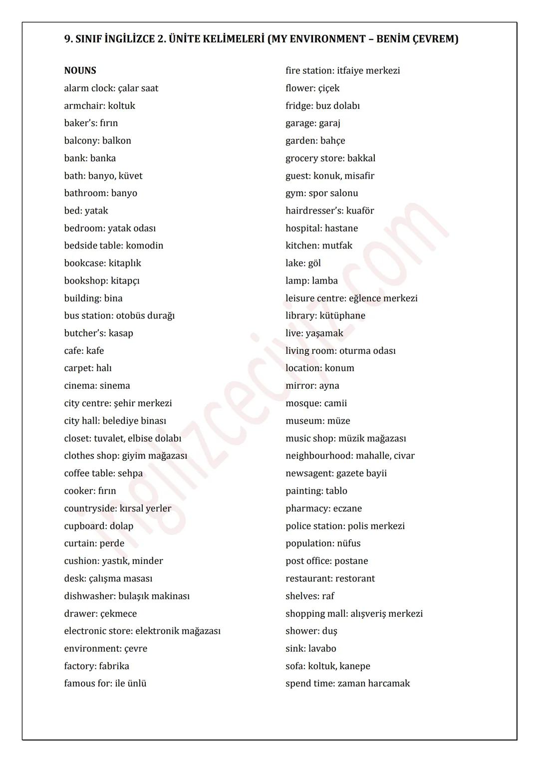 9. SINIF İNGİLİZCE 2. ÜNİTE KELİMELERİ (MY ENVIRONMENT - BENİM ÇEVREM)
NOUNS
alarm clock: çalar saat
armchair: koltuk
baker's: fırın
balcony
