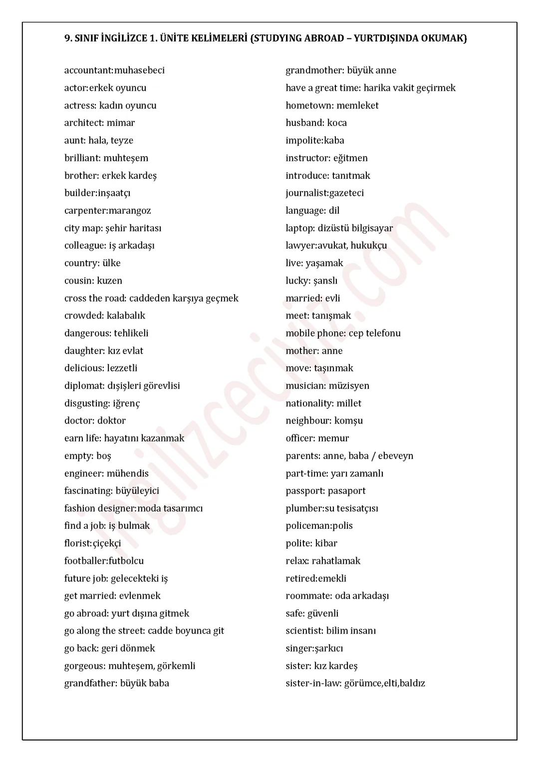 İngilizce 1ünite kelimeleri