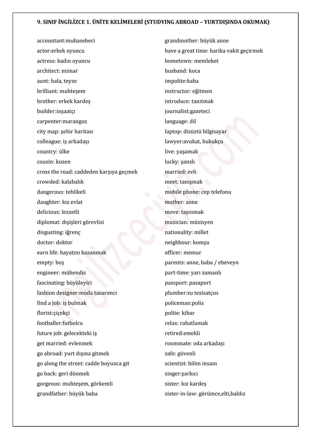 9. SINIF İNGİLİZCE 1. ÜNİTE KELİMELERİ (STUDYING ABROAD - YURTDIŞINDA OKUMAK)
accountant:muhasebeci
actor:erkek oyuncu
actress: kadın oyuncu