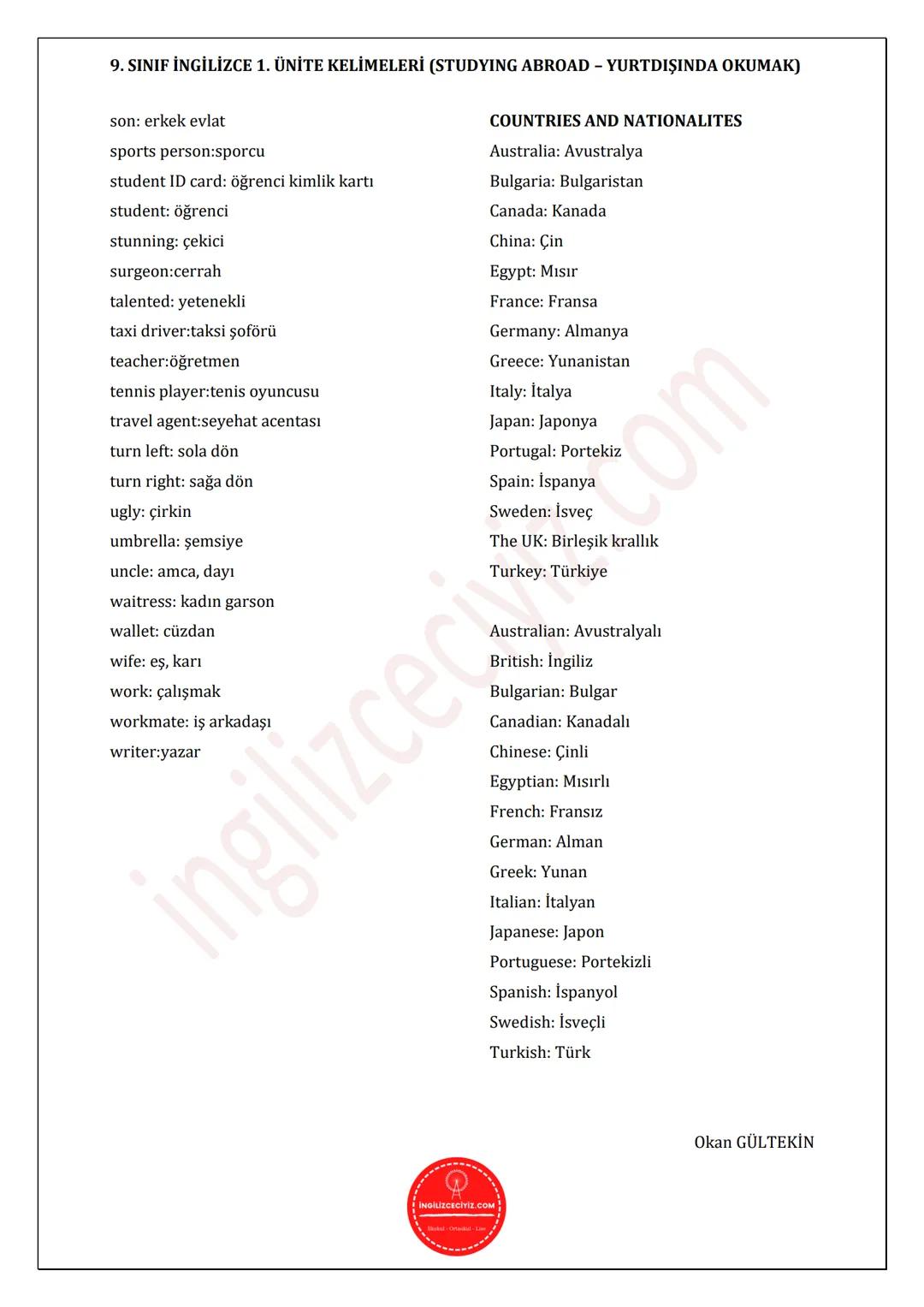 9. SINIF İNGİLİZCE 1. ÜNİTE KELİMELERİ (STUDYING ABROAD - YURTDIŞINDA OKUMAK)
accountant:muhasebeci
actor:erkek oyuncu
actress: kadın oyuncu