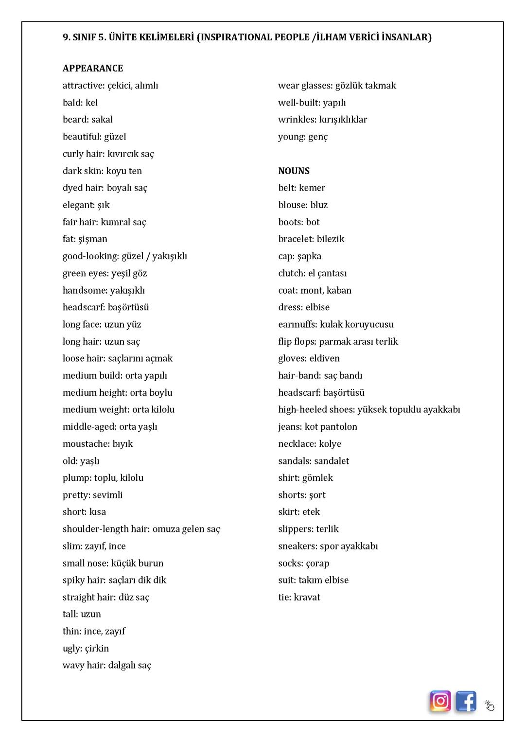 İngilizce 5.ünite kelimeleri 9.sınıf