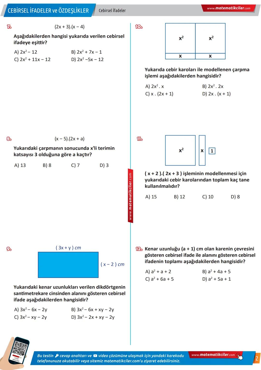 # 8.sınıf
CEBİRSEL İFADELER ve ÖZDEŞLİKLER
Cebirsel İfadeler
KAZANIM TESTİ
17
www.matematikciler.com
1. Aşağıdaki cebirsel ifadelerden h