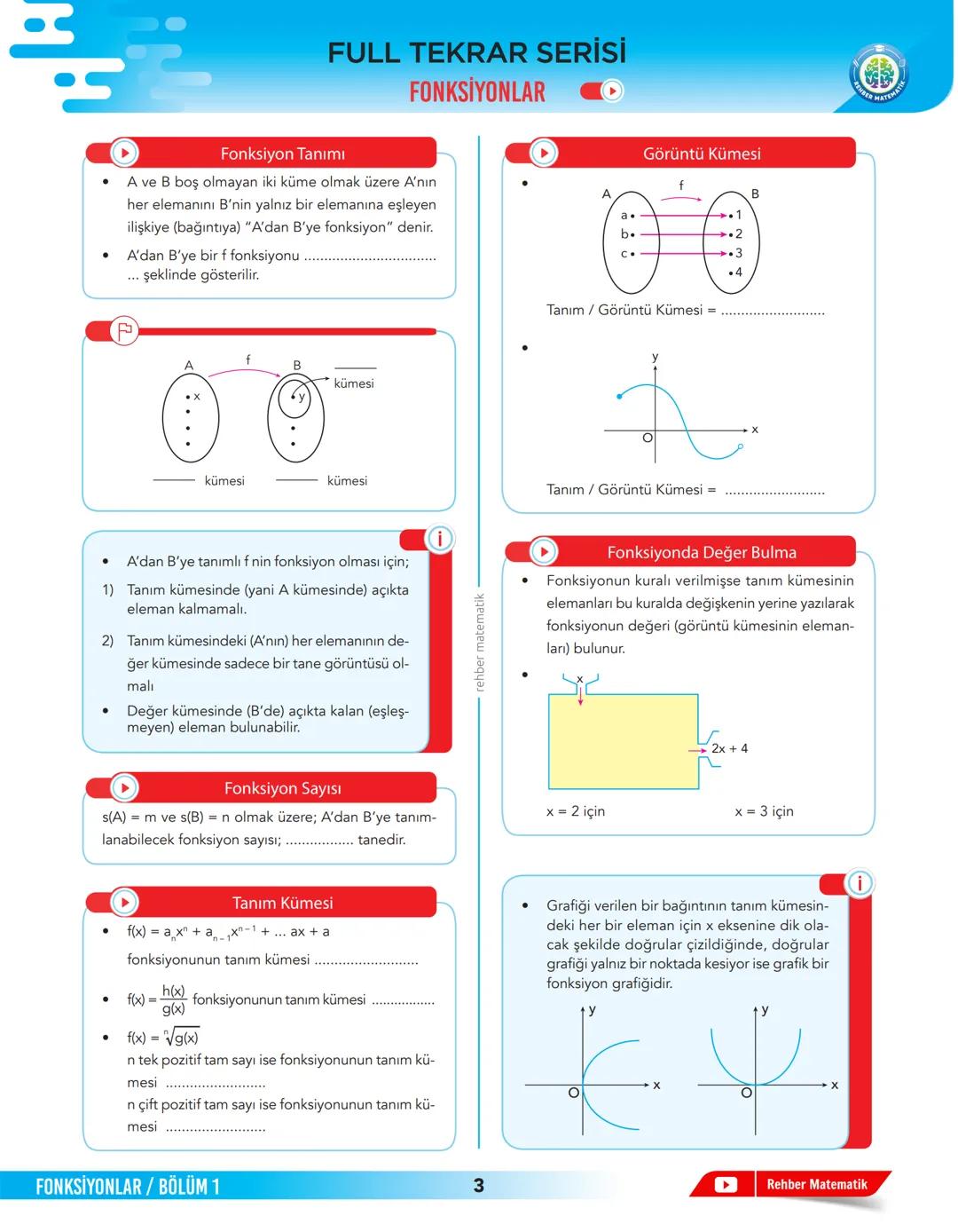# FULL TEKRAR SERİSİ
# FONKSİYONLAR
## Fonksiyon Tanımı
- A ve B boş olmayan iki küme olmak üzere A'nın her elemanını B'nin yalnız bir el