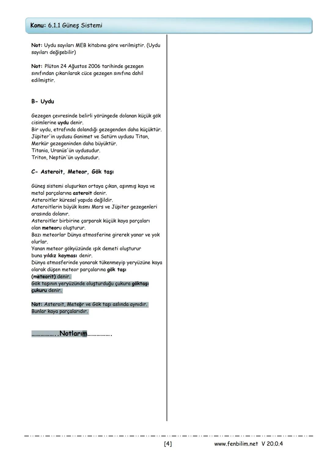 # 6.Sınıf Fen Bilimleri
Ders Notları
Barış ZEREN
Fen Bilimleri Öğretmeni 1.Ünite: Güneş Sistemi ve Tutulmalar
Konu: 6.1.1 Güneş Sistemi
Gün