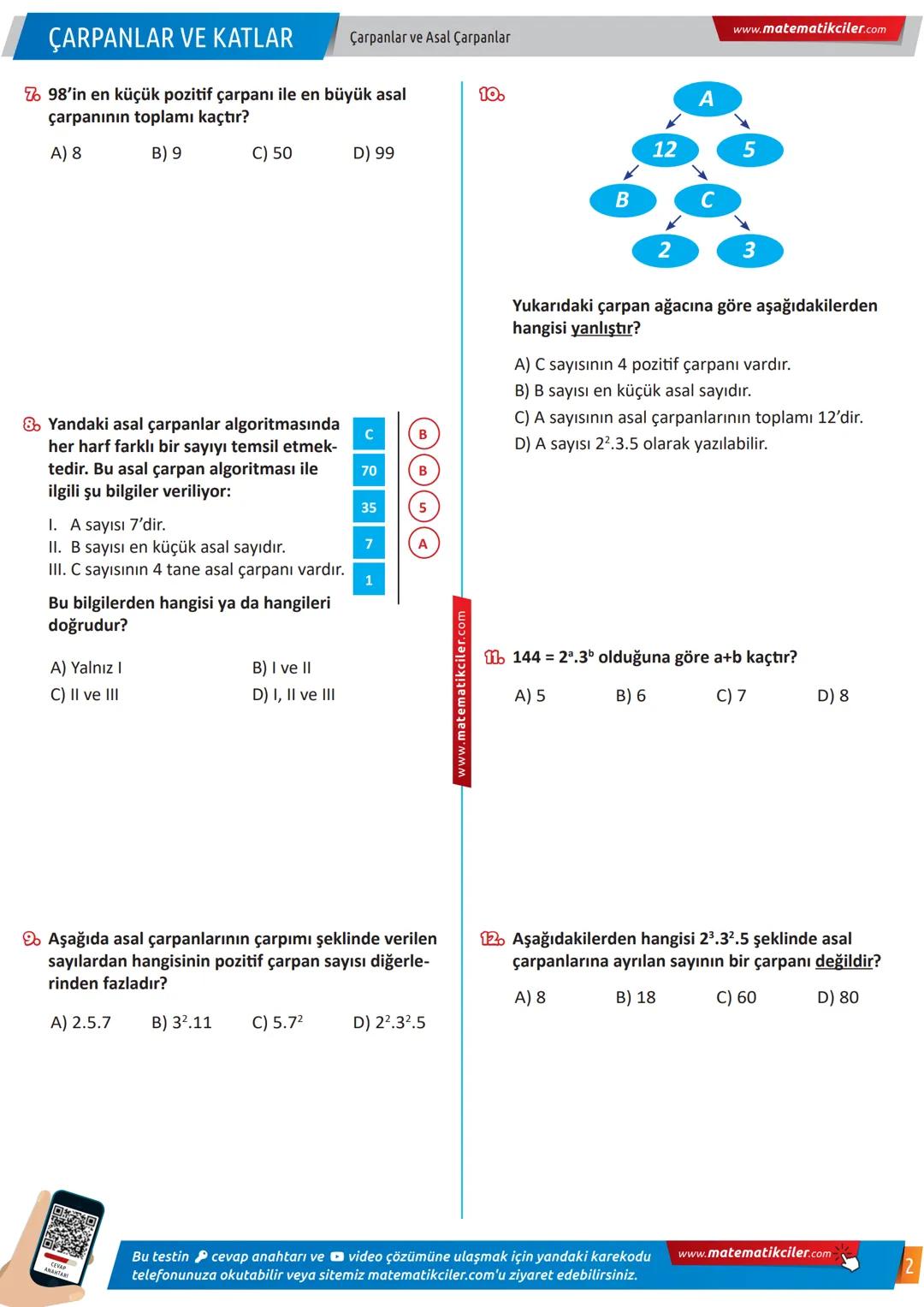 # 8 ÇARPANLAR VE KATLAR
1. 36'nın kaç farklı pozitif çarpanı vardır?
A) 5
B) 7
C) 9
D) 10
Çarpanlar ve Asal Çarpanlar
KAZANIM TESTİ