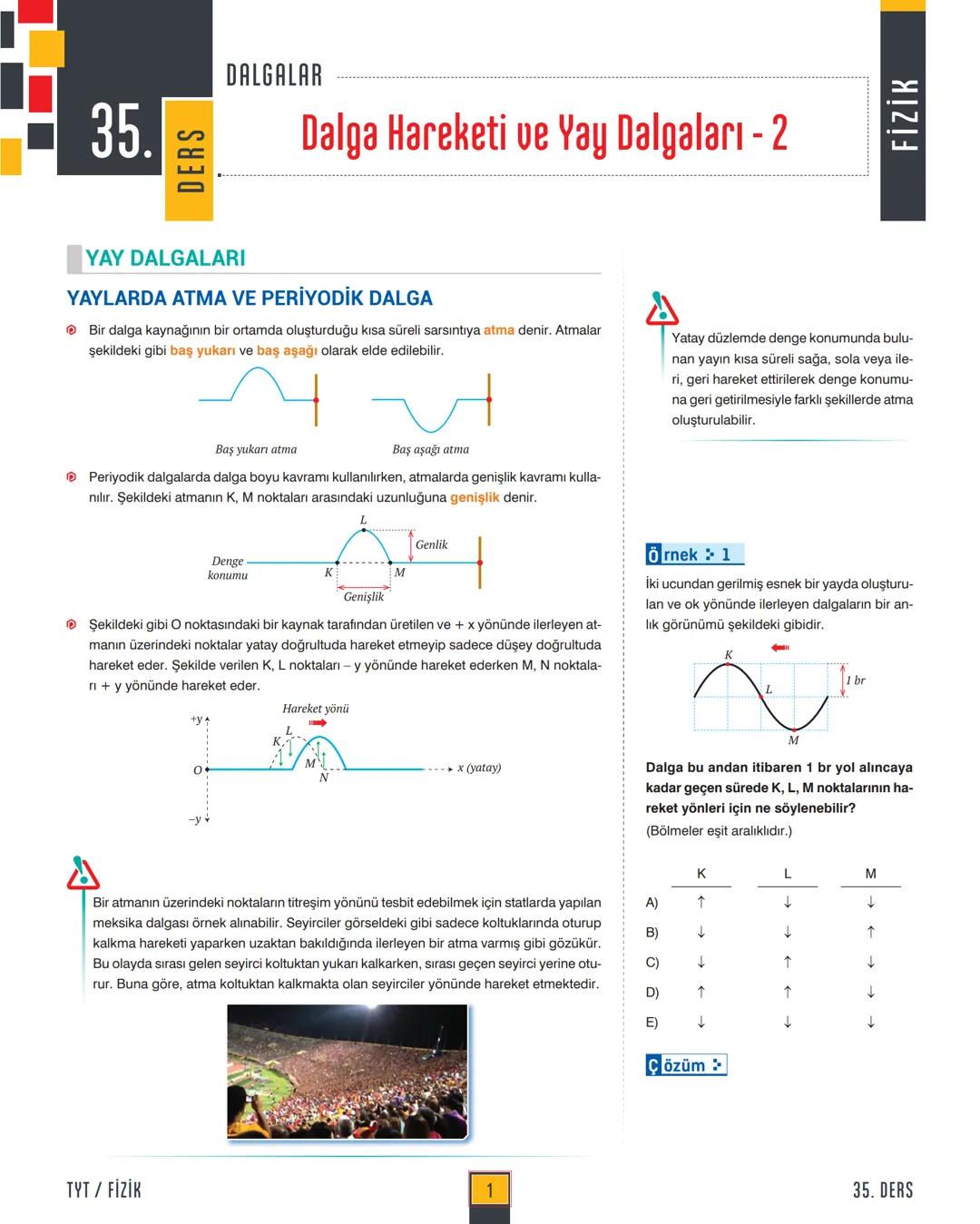 35.
DERS
DALGALAR
Dalga Hareketi ve Yay Dalgaları - 2
FİZİK
YAY DALGALARI
YAYLARDA ATMA VE PERİYODİK DALGA
Bir dalga kaynağının bir ortamda