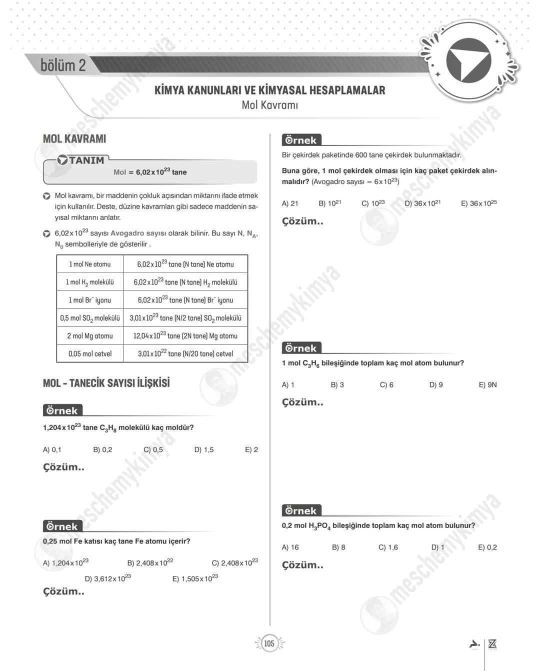 # bölüm 2
## KİMYA KANUNLARI VE KİMYASAL HESAPLAMALAR
Mol Kavramı
## MOL KAVRAMI
### TANIM
$Mol = 6,02x10^{23} tane$
- Mol kavramı, bi