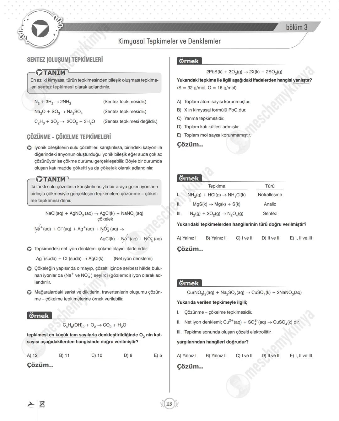 # bölüm 3
eschemyeva:
# KİMYASAL TEPKİMELER
## TANIM
# KİMYA KANUNLARI VE KİMYASAL HESAPLAMALAR
## Kimyasal Tepkimeler ve Denklemler
Ki