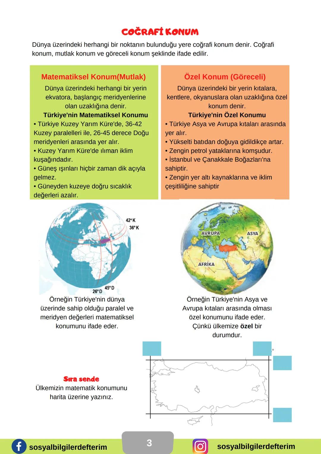 6. SINIF
SOSYAL
BİLGİLER
3. ÜNİTE
DERS NOTU
KONU: YERYÜZÜNDE YAŞAM
NELER ÖĞRENECEĞİZ
• DÜNYA'NIN NERESİNDEYİZ?
• ÜLKEMİZİN COĞRAFİ
ÖZELLİKLE