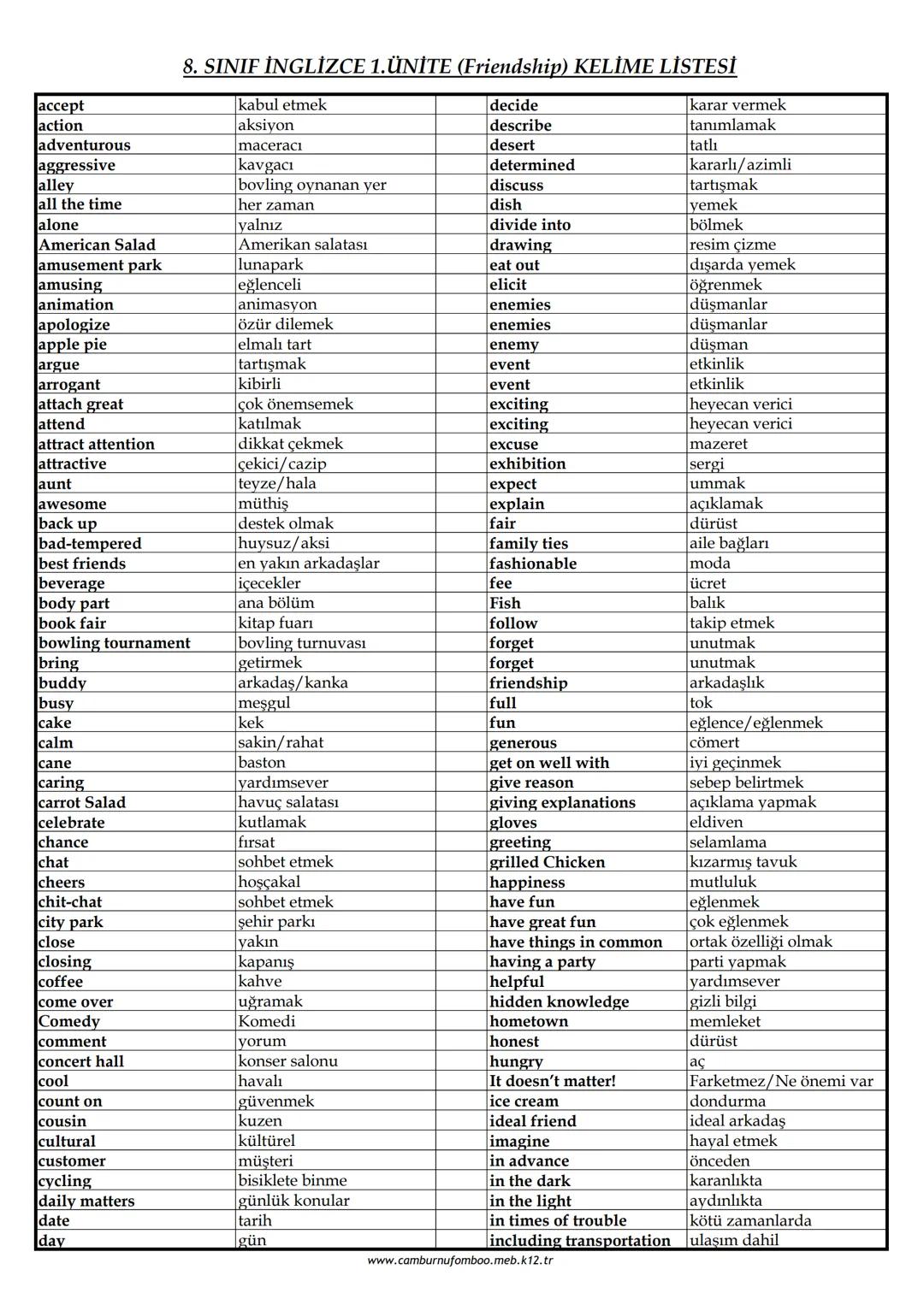 # 8. SINIF İNGLİZCE 1.ÜNİTE (Friendship) KELİME LİSTESİ
accept | kabul etmek | decide | karar vermek
action | aksiyon | describe | tanımlam
