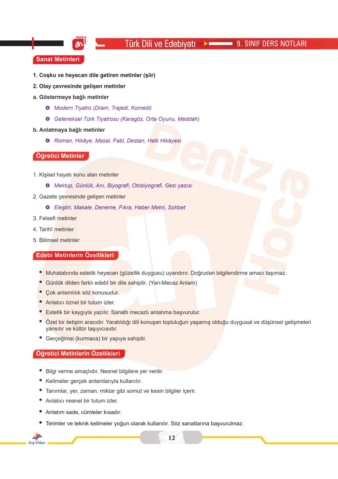 # 9. SINIF DERS NOTLARI
Türk Dili ve Edebiyatı
## METİNLERİN SINIFLANDIRILMASI
dh
* Metin, dil aracılığıyla bir araya getirilmiş anlam