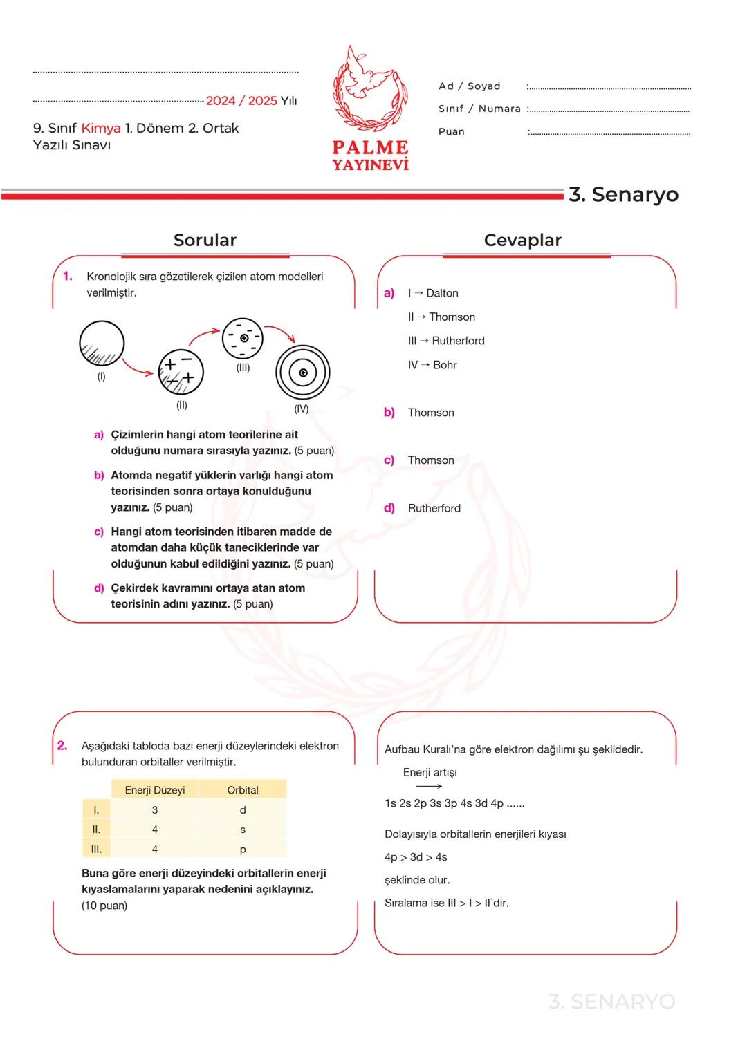 --- OCR Start ---
2024/2025 Yılı
9. Sınıf Kimya 1. Dönem 2. Ortak
Yazılı Sınavı
Sorular
1. Kronolojik sıra gözetilerek çizilen atom modeller