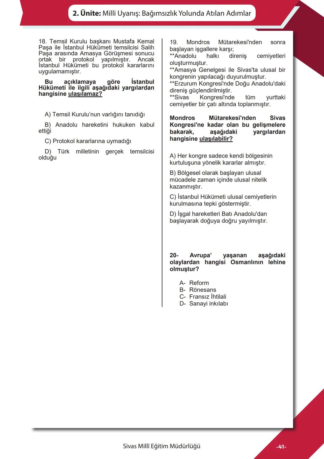 T.C.
İNKILAP TARİHİ
ve ATATÜRKÇÜLÜK
*EG
****
MHURİYETİ MILLI
*
CU
•19114
*
SİVAS MİLLİ EĞİTİM
MÜDÜRLÜĞÜ
Sadece 1. Dönem
KONULARI
Genel Tekra