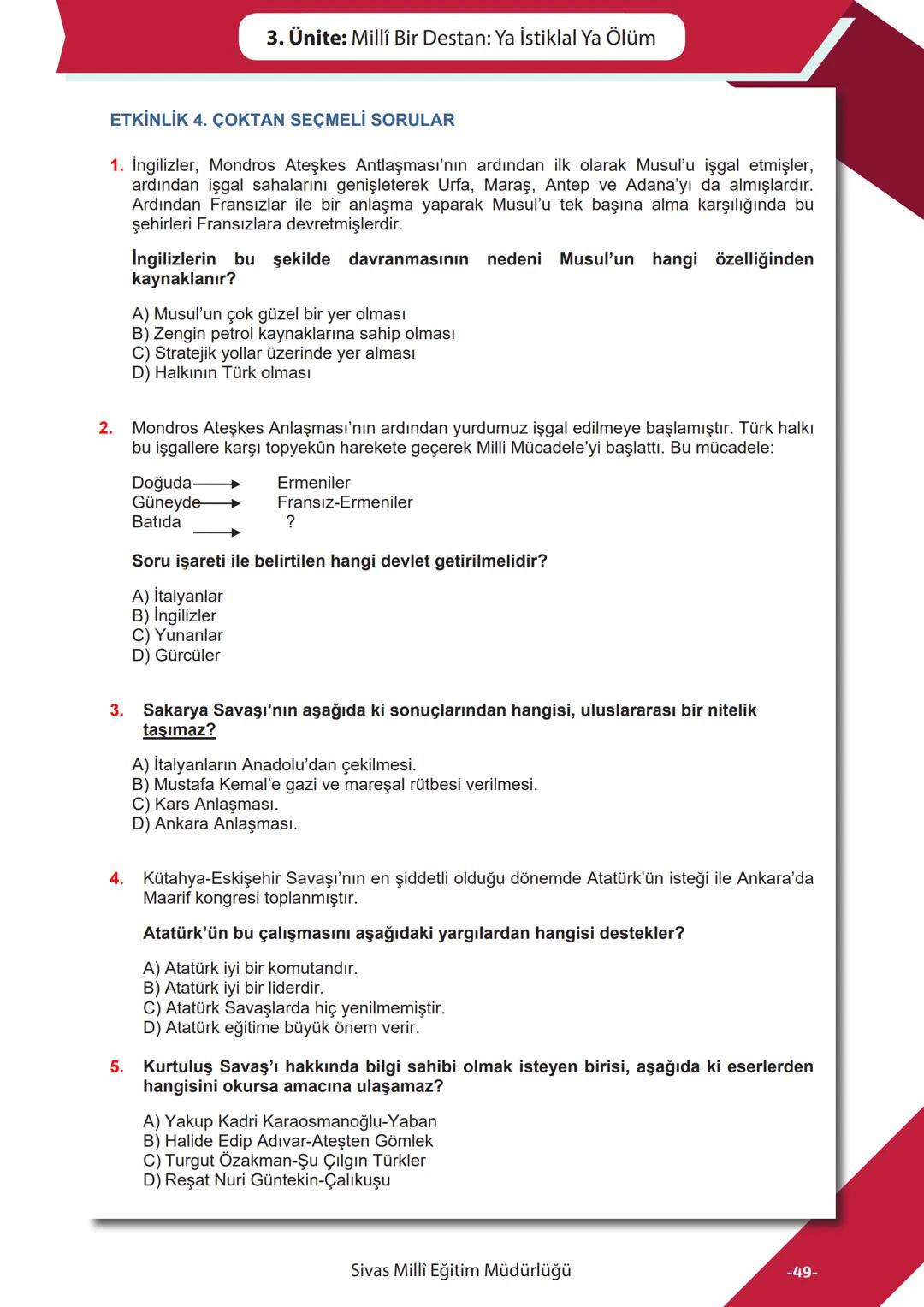 T.C.
İNKILAP TARİHİ
ve ATATÜRKÇÜLÜK
*EG
****
MHURİYETİ MILLI
*
CU
•19114
*
SİVAS MİLLİ EĞİTİM
MÜDÜRLÜĞÜ
Sadece 1. Dönem
KONULARI
Genel Tekra