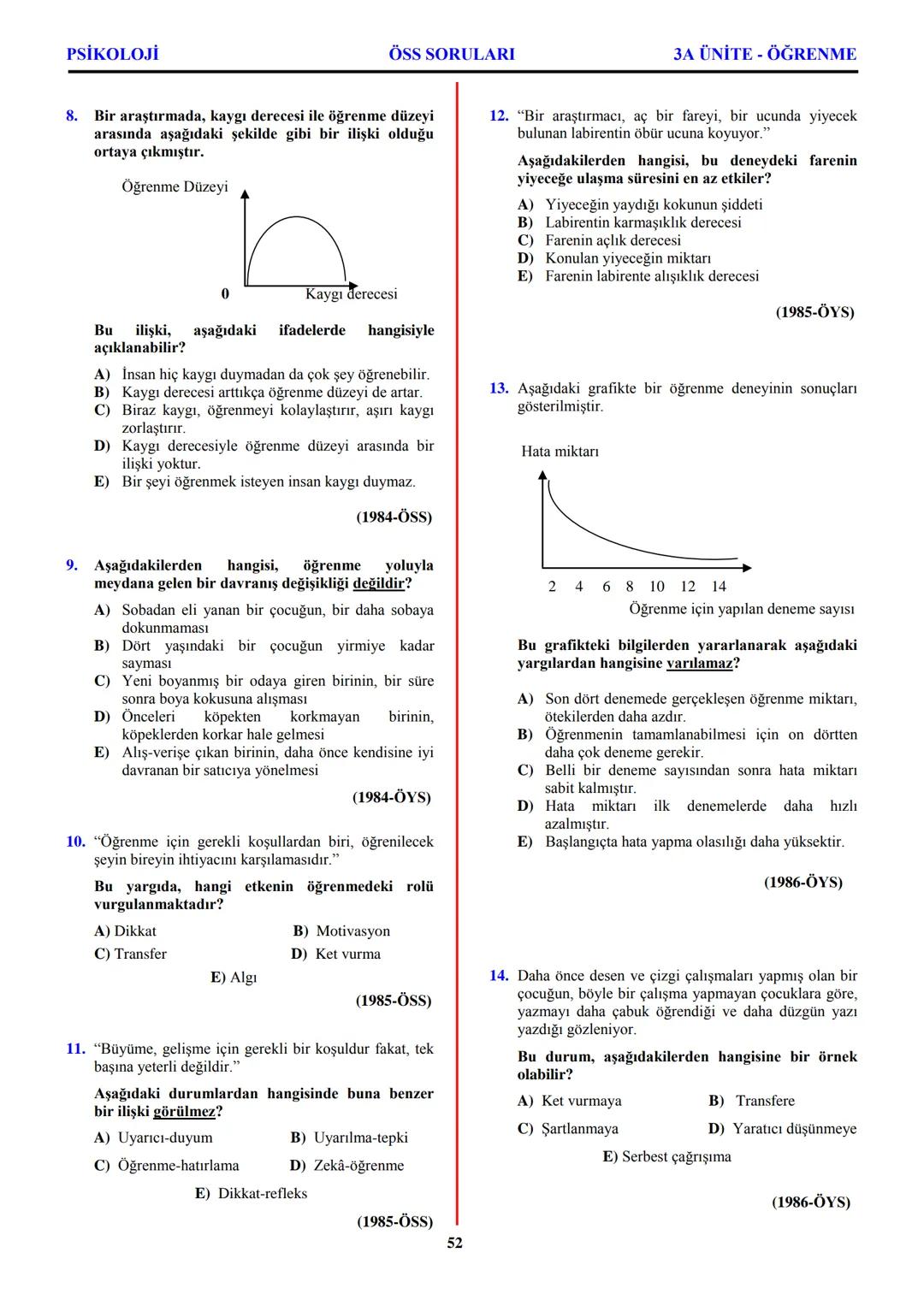 PSİKOLOJİ
Not: Bu üniteden, 1982-2011 arası gerçekleşen ÖSS
sınavlarında toplam 32 soru sorulmuştur.
I. PSİKOLOJİYE GİRİŞ
A. PSİKOLOJİNİN