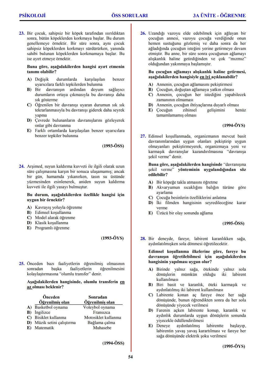 PSİKOLOJİ
Not: Bu üniteden, 1982-2011 arası gerçekleşen ÖSS
sınavlarında toplam 32 soru sorulmuştur.
I. PSİKOLOJİYE GİRİŞ
A. PSİKOLOJİNİN