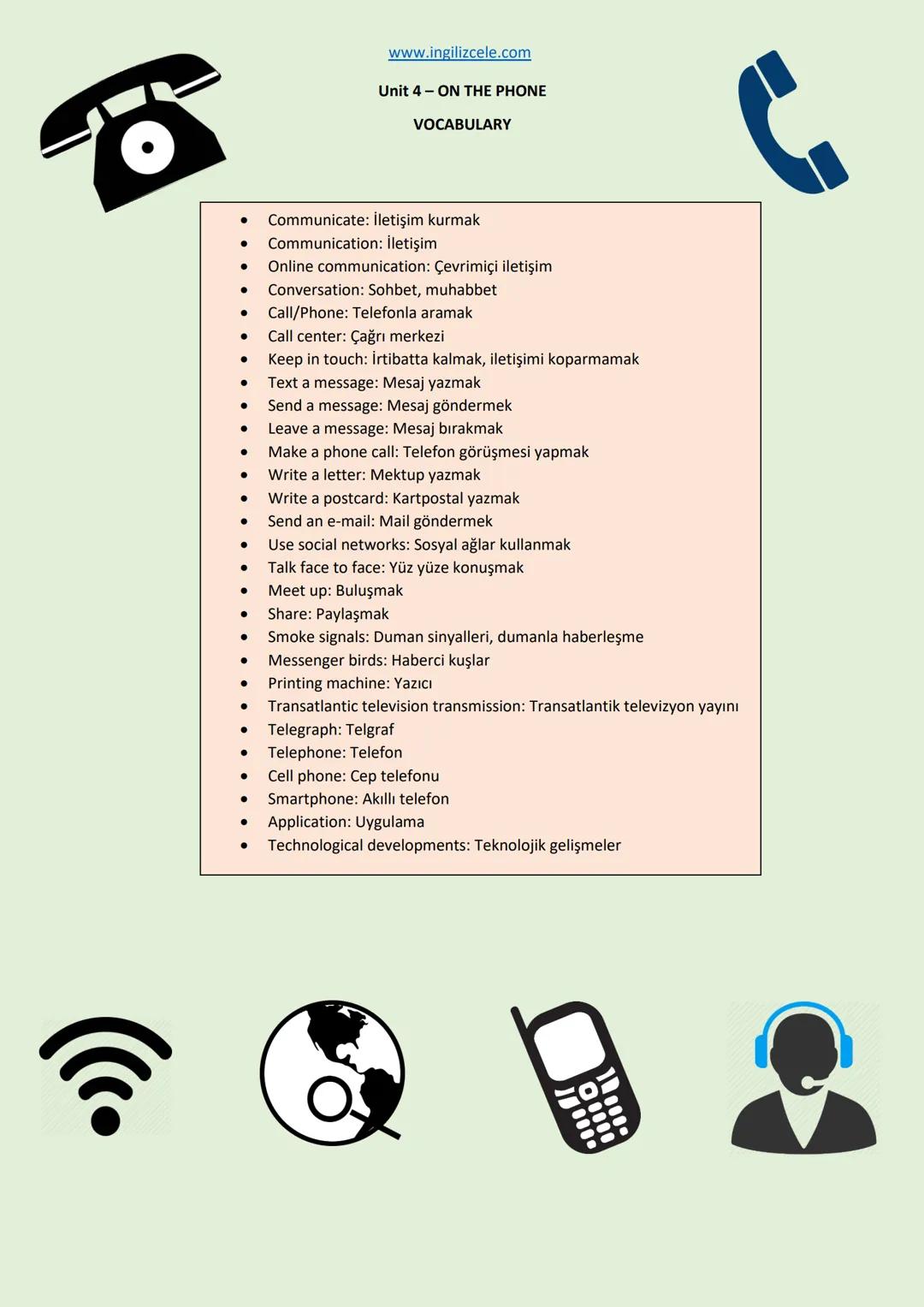 www.ingilizcele.com
Unit 4-ON THE PHONE
VOCABULARY
- Communicate: İletişim kurmak
- Communication: İletişim
- Online communication: Çevri
